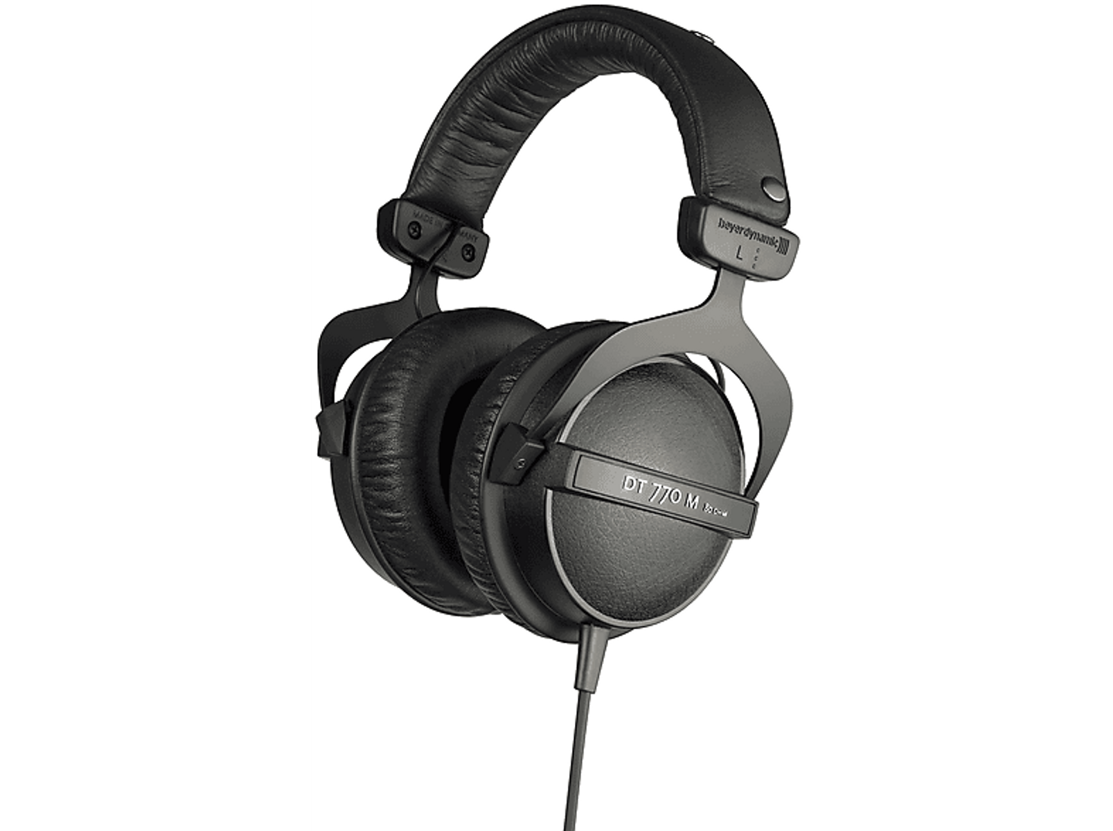 Czarne słuchawki z skórzanymi nausznikami i srebrną ramką na czarnym tle.