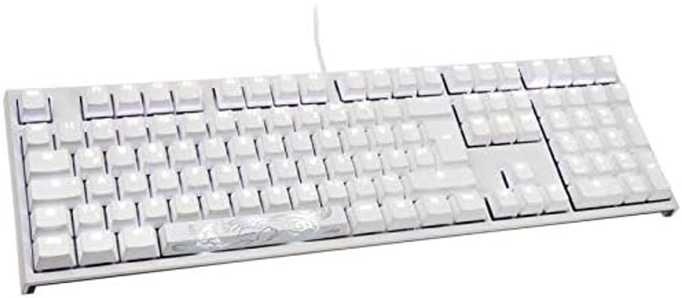Biała klawiatura mechaniczna z nakładkami na klawisze i logo na spacji.