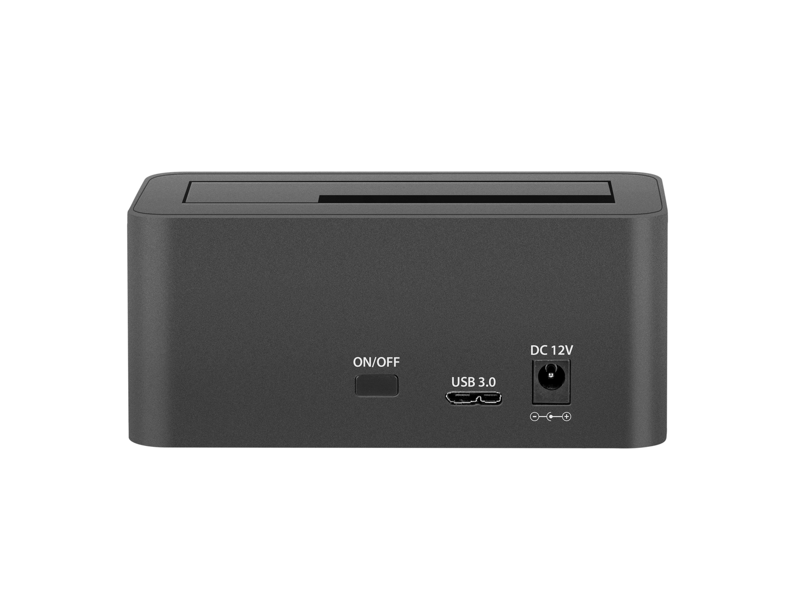 Zwarte behuizing voor harde schijf met USB- en voedingspoorten en een aan/uit-schakelaar.