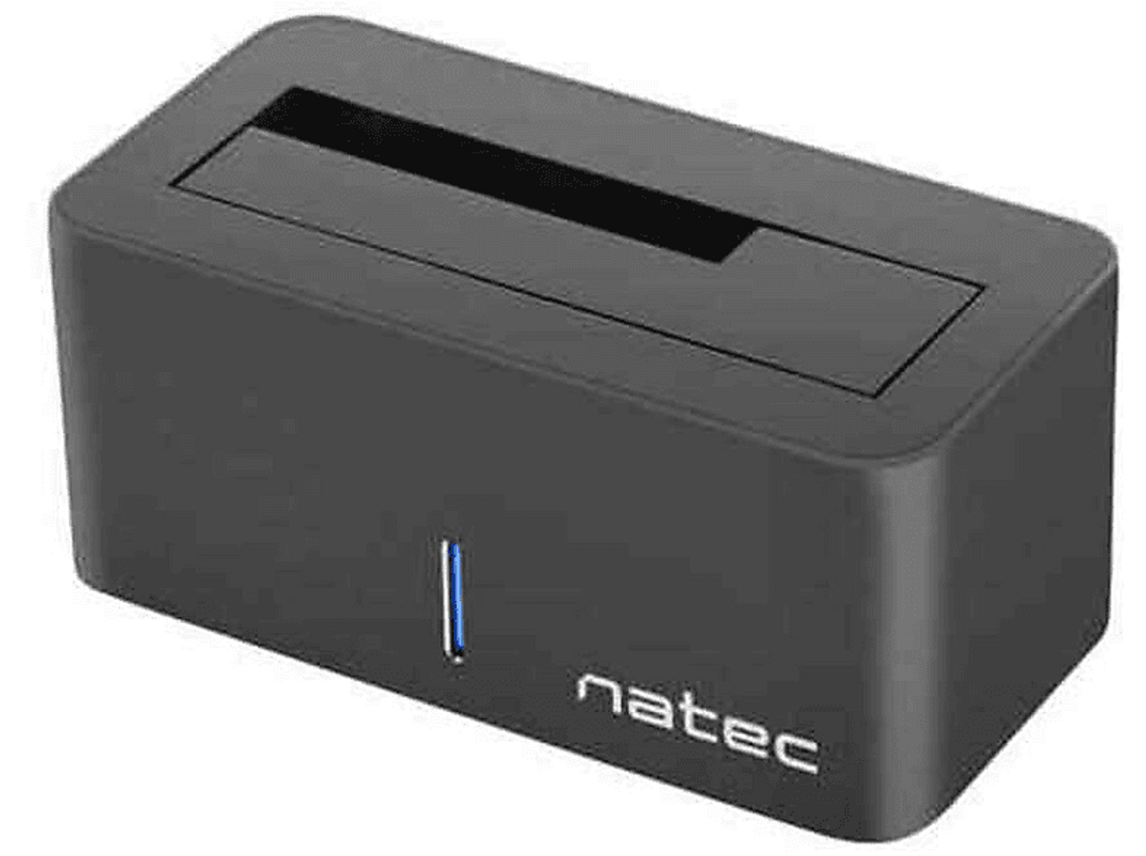 Zwarte externe harde schijf behuizing met een blauw licht en de naam "natec" aan de voorkant.