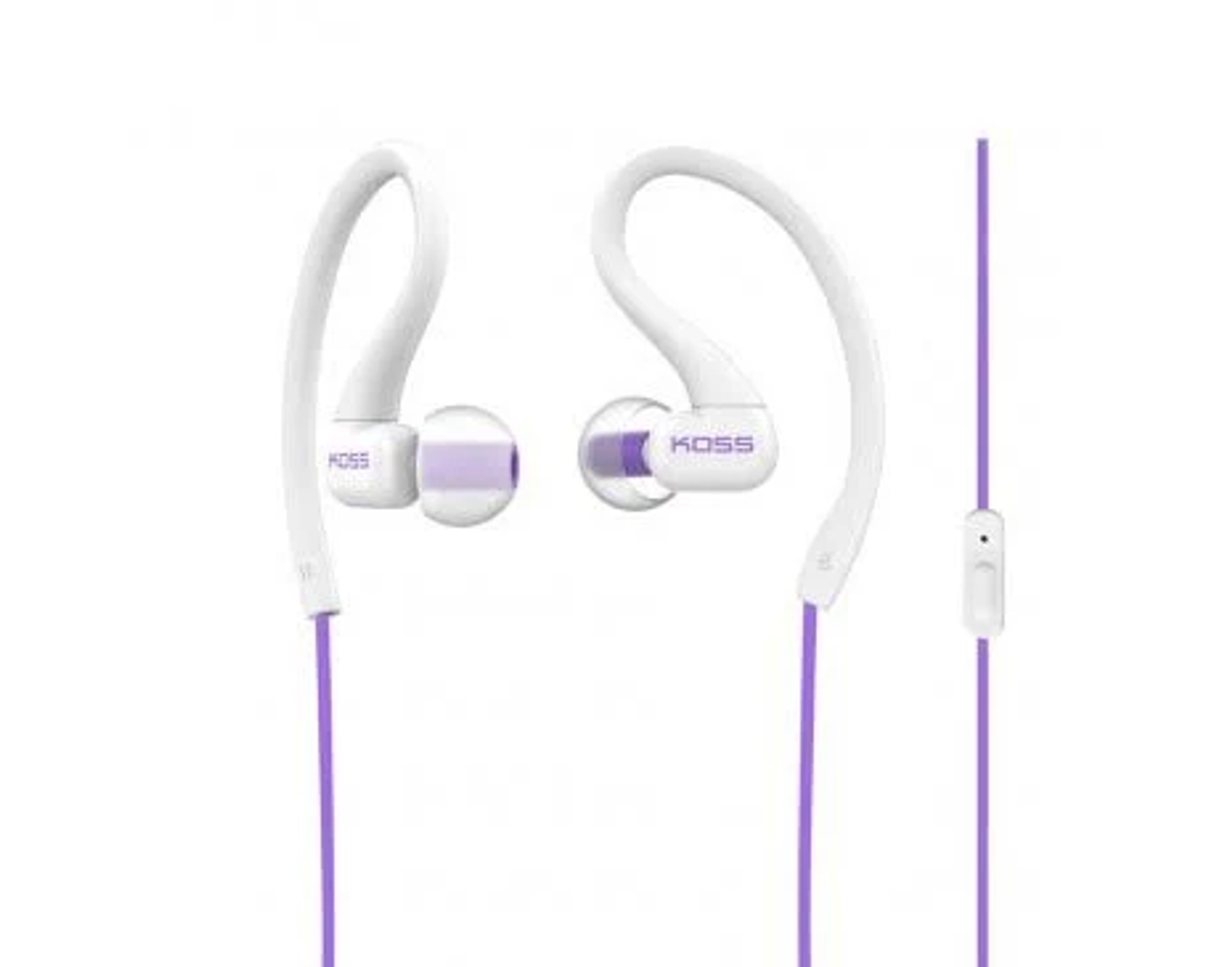 Białe i fioletowe słuchawki z zaczepami na uszy. Fioletowy przewód. Białe tło.