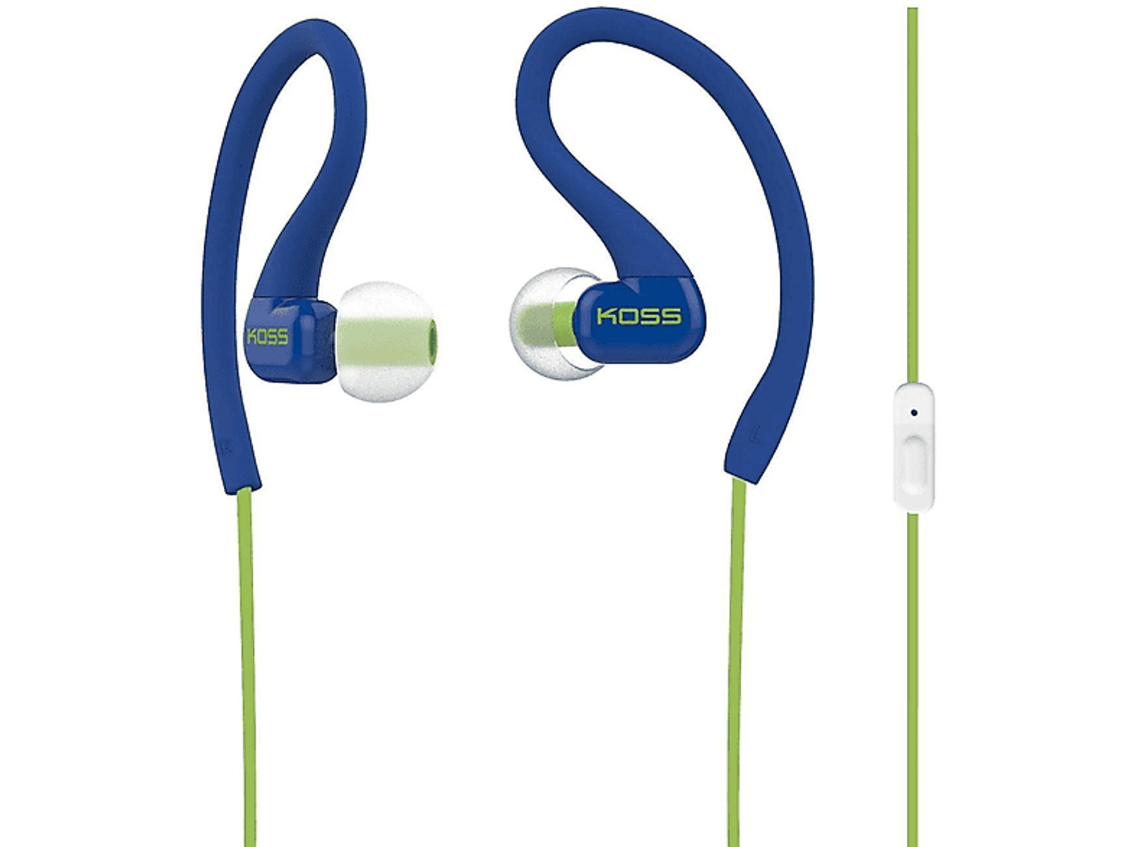 Niebieskie i zielone słuchawki sportowe z białym pilotem i kablem. Słuchawki połączone kablem.