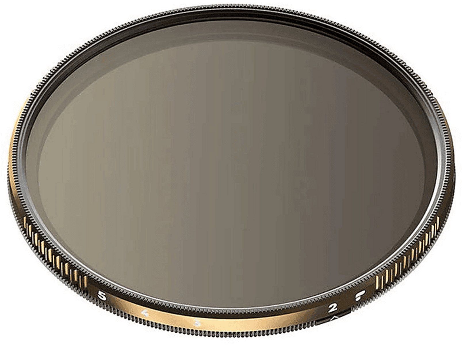 Kreisförmiger Objektivfilter. Goldrand mit Zahlen und ein zentraler grauer Filter.