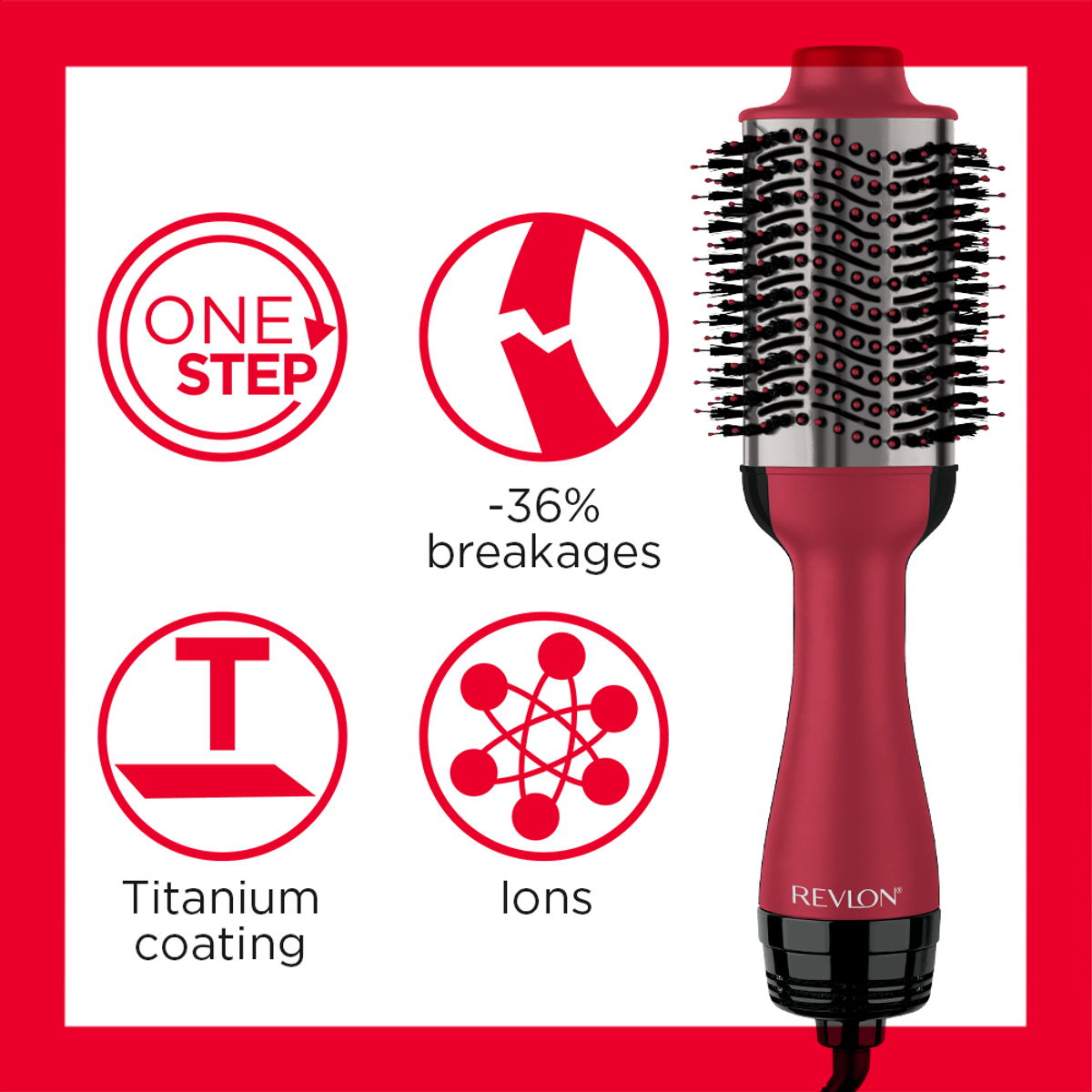 Una spazzola per capelli rossa con icone che indicano un passaggio, -36% di rotture, rivestimento in titanio e ioni.