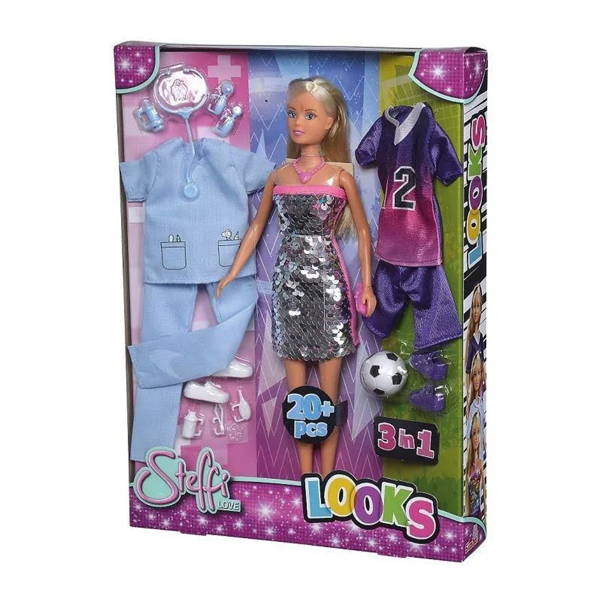 Puppe in einer Box, trägt ein silbernes Kleid, mit zwei Outfits und Zubehör.