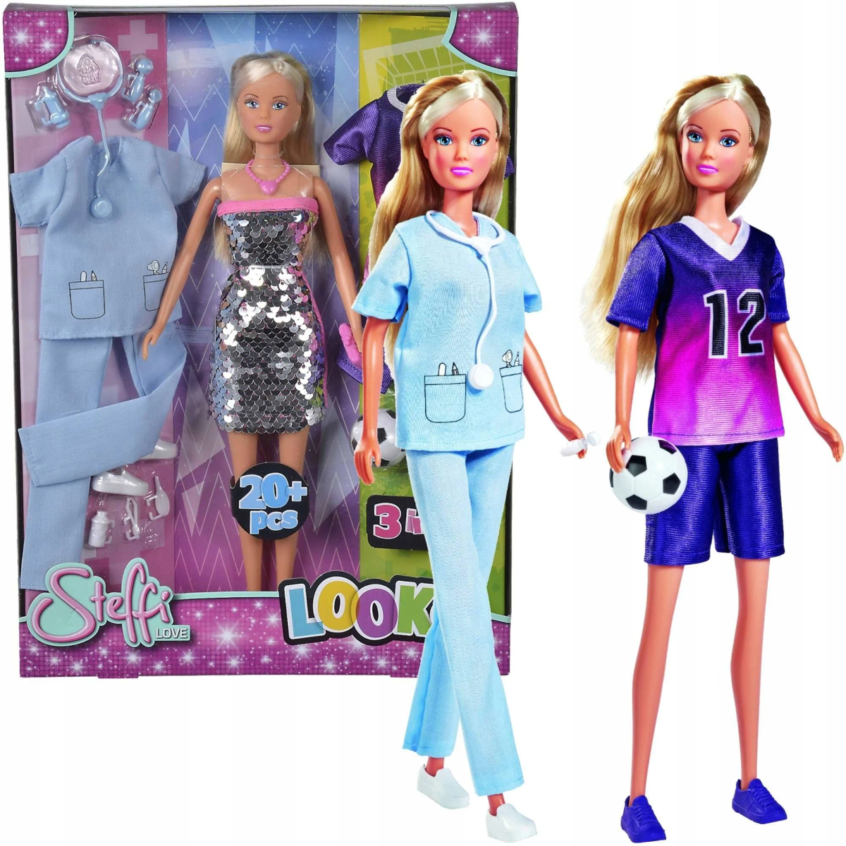 Puppen in verschiedenen Outfits: Arzt, Krankenschwester und Fußballspieler. Eine Puppe ist in einer Box mit einem Kleid.