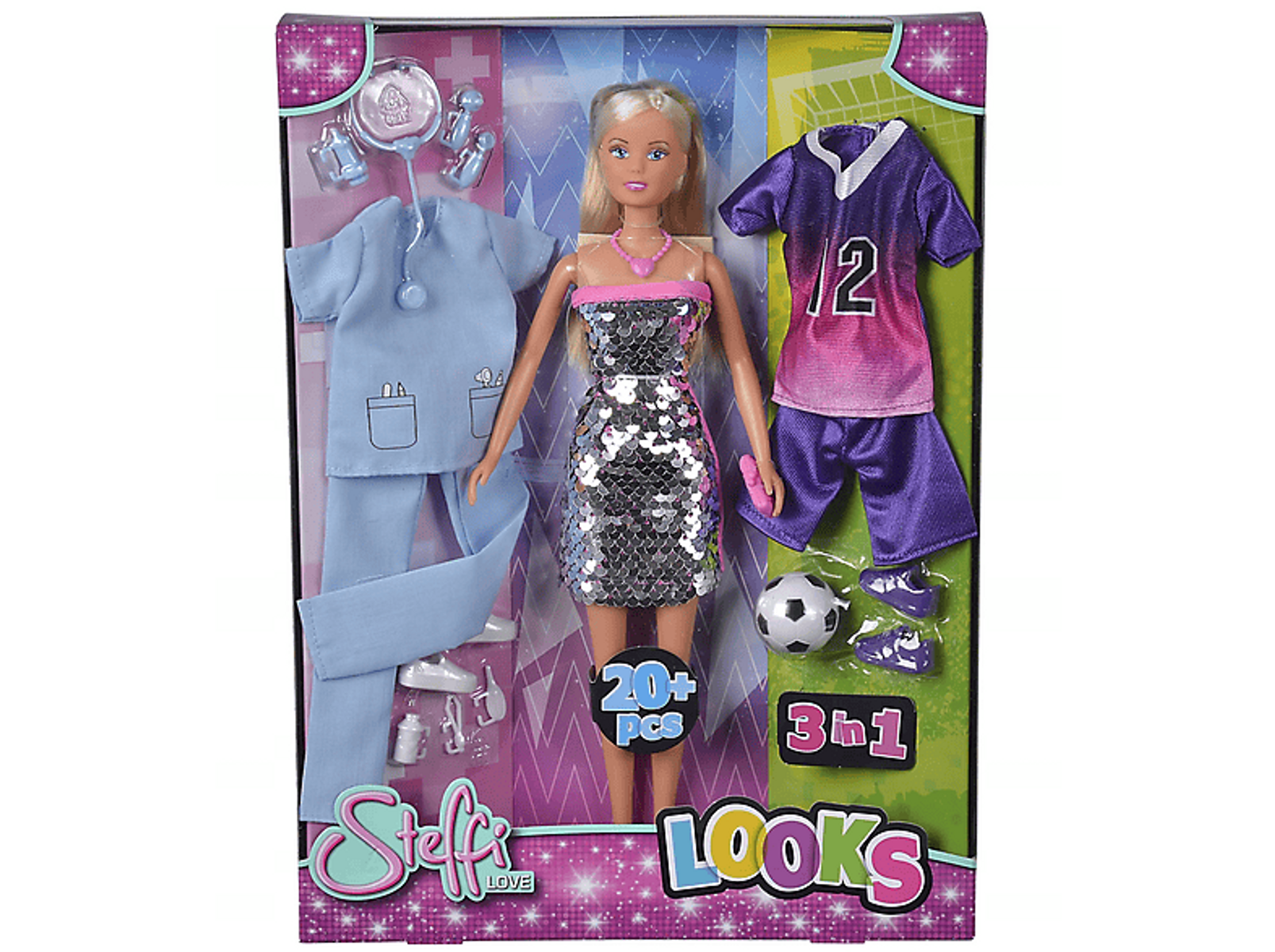 Puppe in einer Box mit Outfits. Enthält ein Krankenschwestern-Outfit, ein Paillettenkleid und eine Fußballuniform.