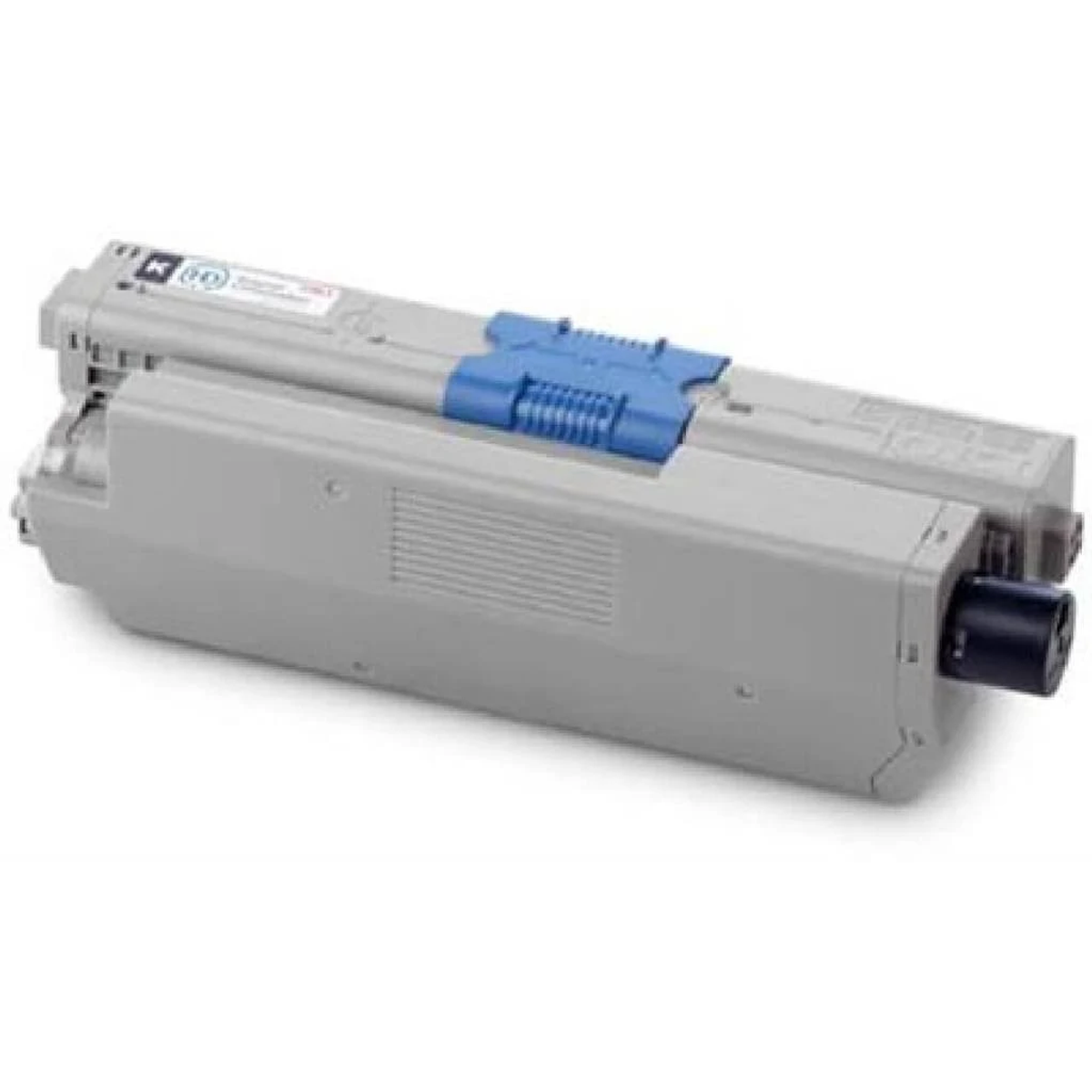 Een grijze en blauwe tonercartridge. Het staat op een witte achtergrond.