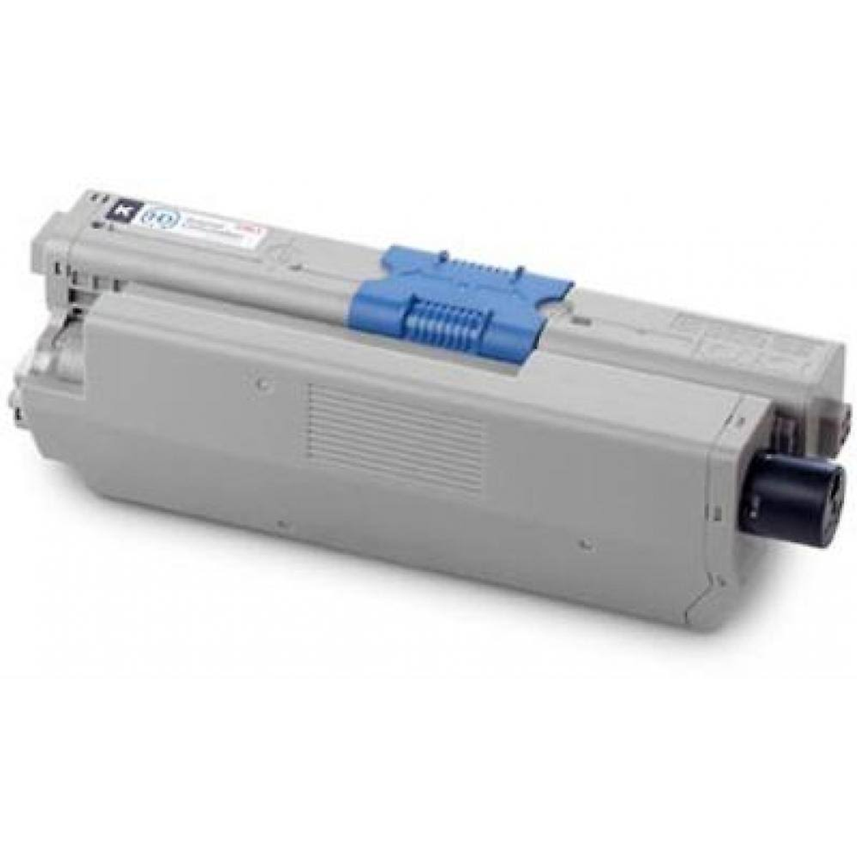Grijze printertonercartridge met blauwe en zwarte accenten op wit. Schuine weergave.
