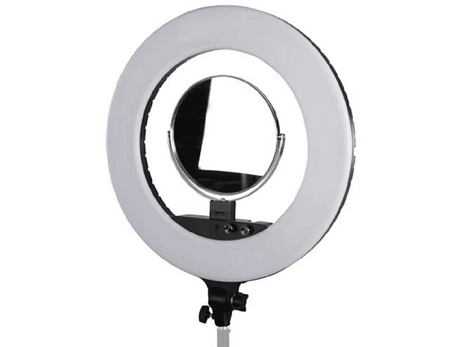 Anillo de luz con espejo central, montado en soporte. Luz blanca.