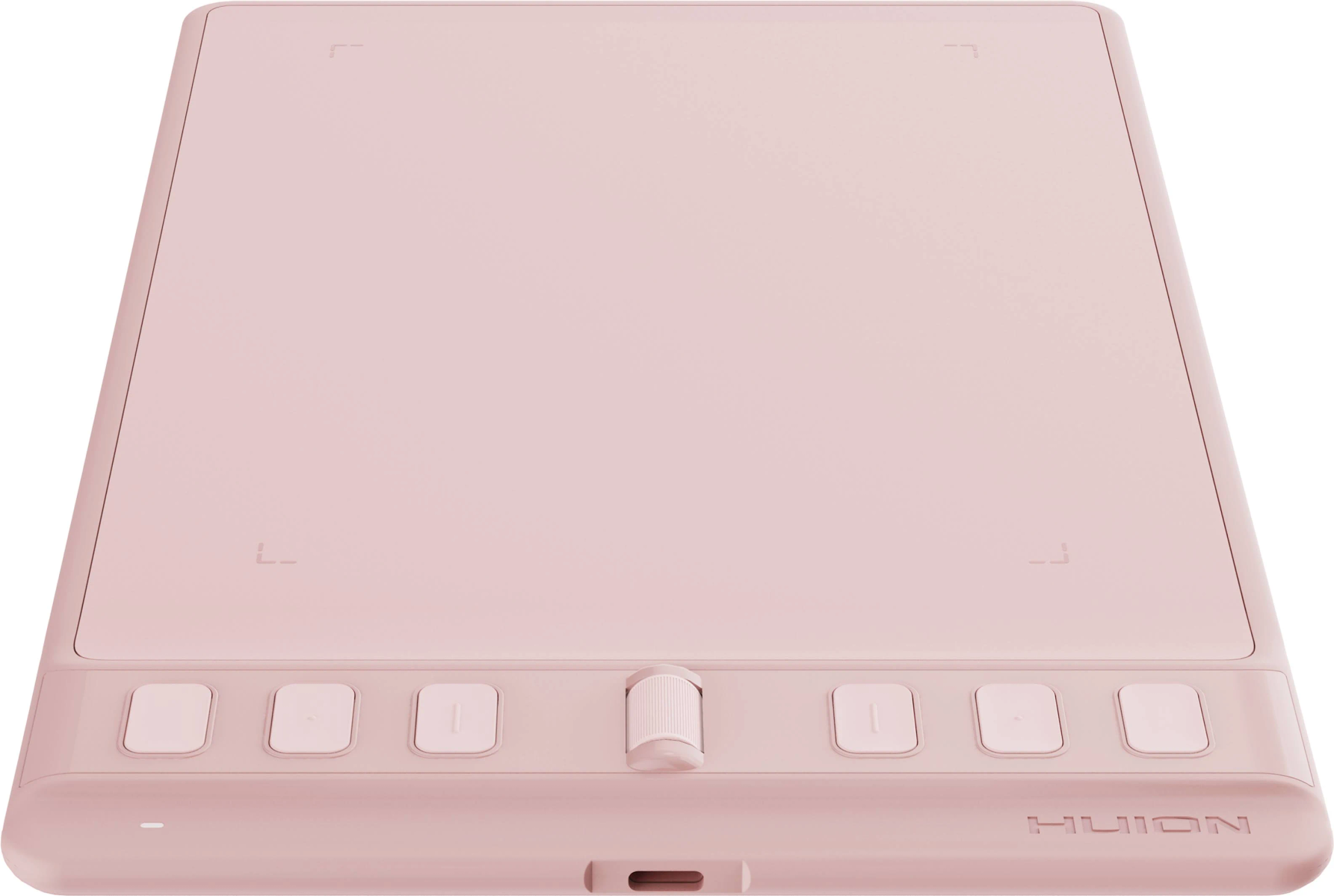 Ein rosa Zeichentablett mit Knöpfen und einem Rad. Die Oberfläche ist glatt, das Huion Logo ist sichtbar.