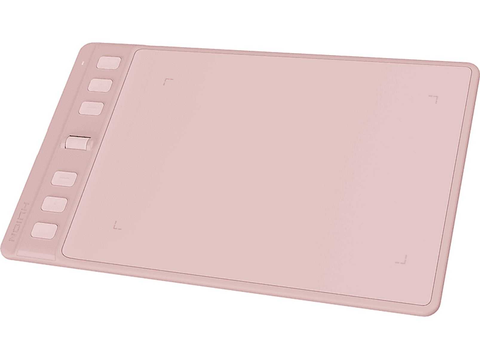 Ein rosa Grafiktablett mit einer Reihe von Knöpfen und einem Stifthalter auf der linken Seite.
