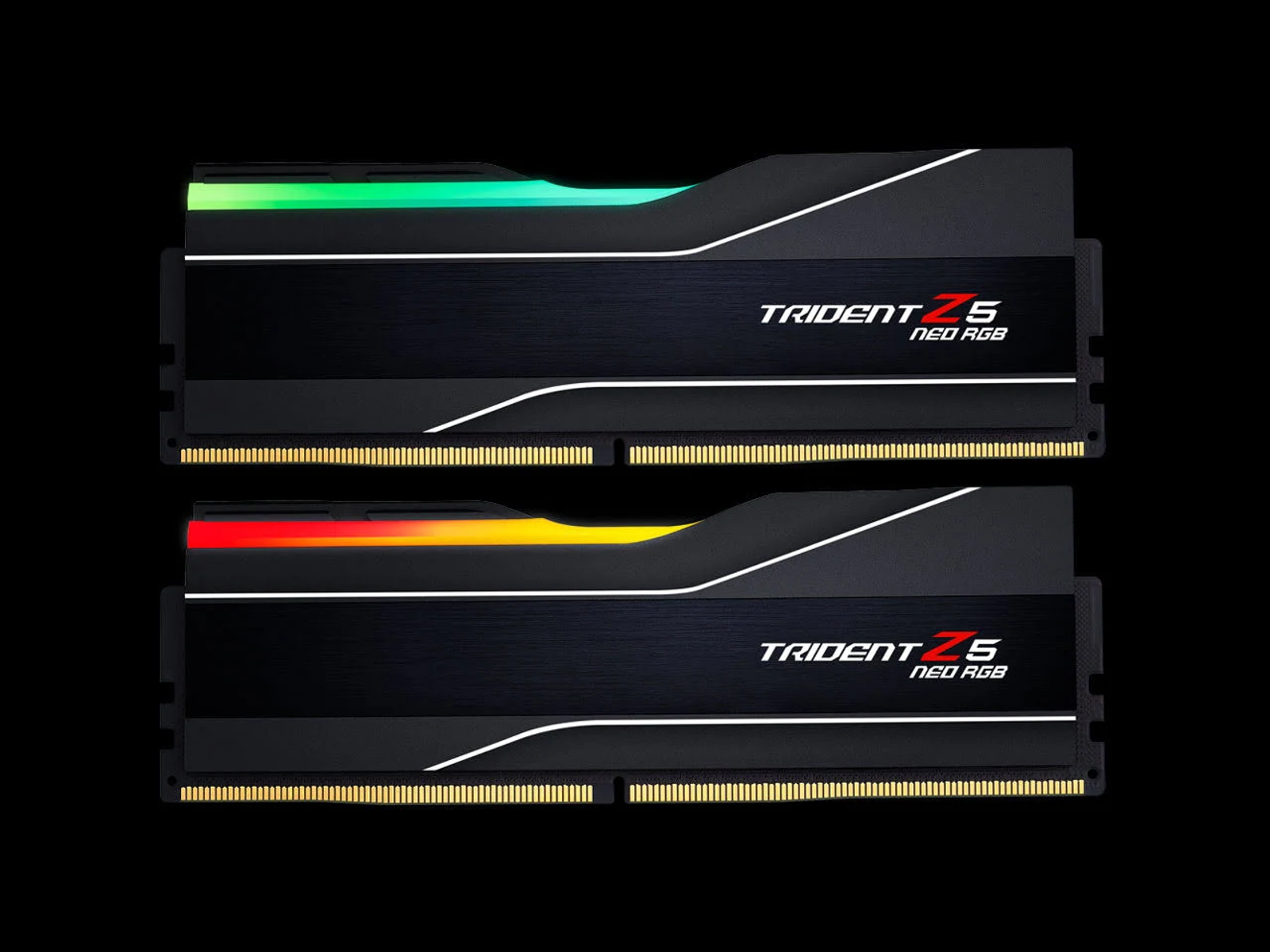 Dwa czarne paski RAM z logo Trident Z5 Neo RGB. Jeden ma zielone, drugi czerwone światła.