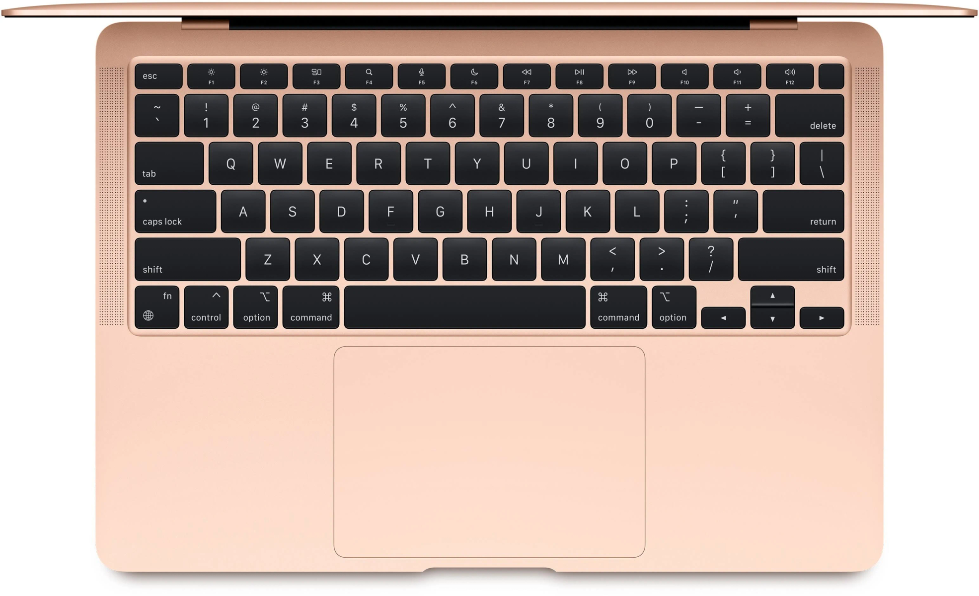 Klawiatura laptopa w kolorze różowego złota, widok z góry. Czarne klawisze z białymi literami, białe tło.