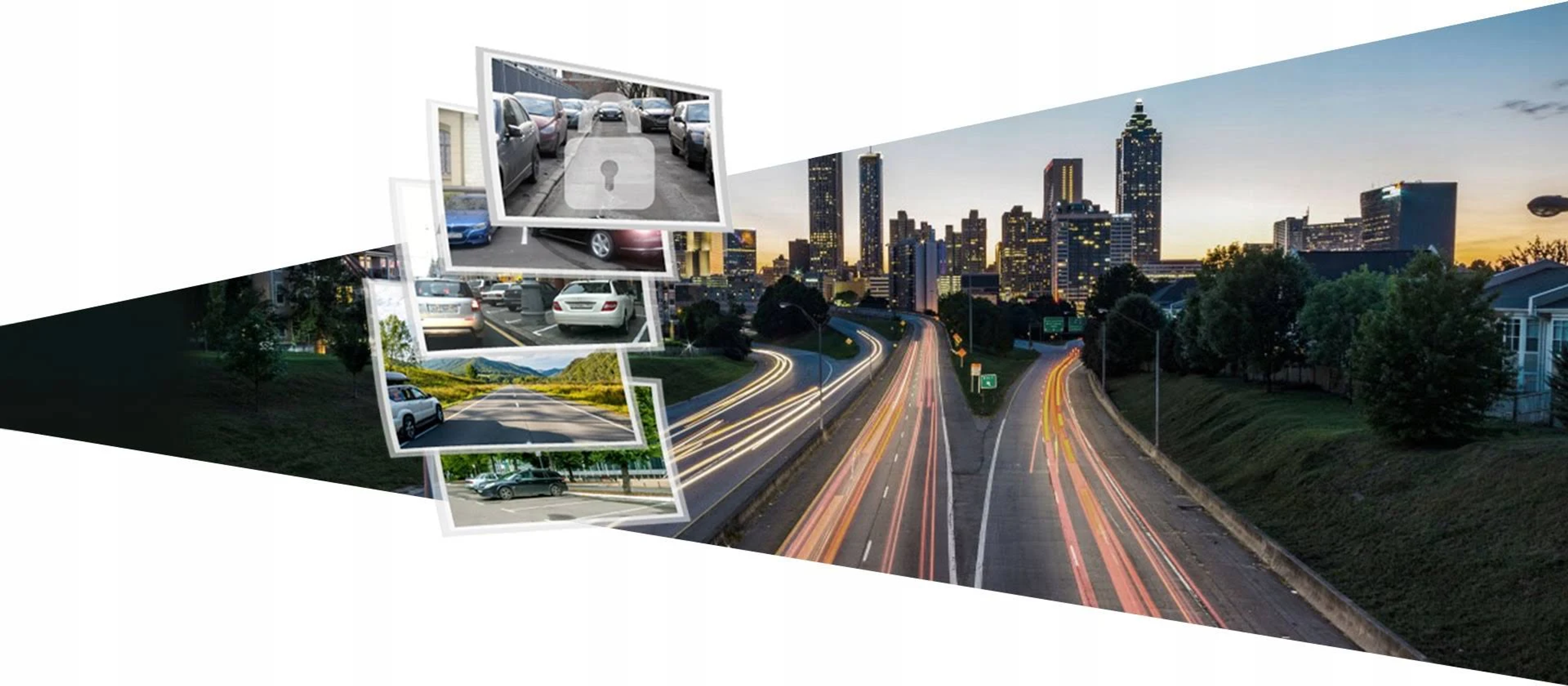 Eine Collage von Bildern: Parken, Straße mit Autos, Skyline und eine Straße. Die Ansicht ist geteilt.