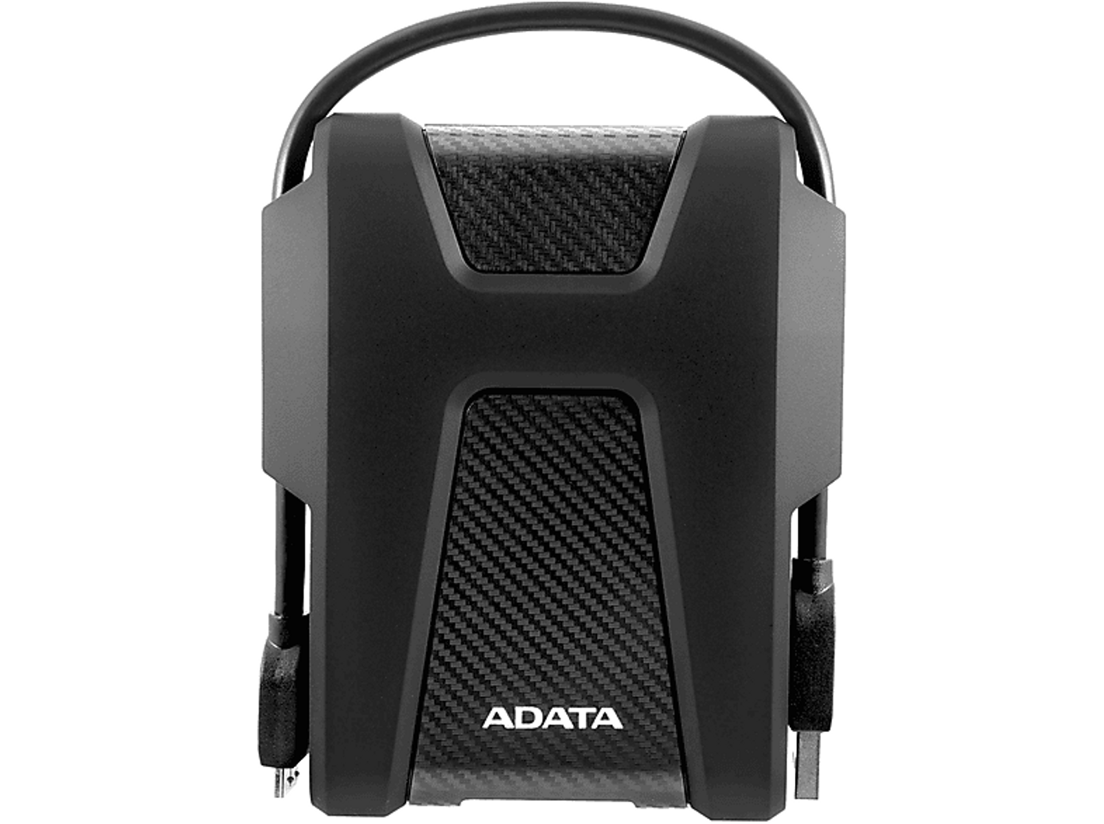 Czarny zewnętrzny dysk twardy ADATA. Urządzenie ma uchwyt i wzór z włókna węglowego. Czarne tło.