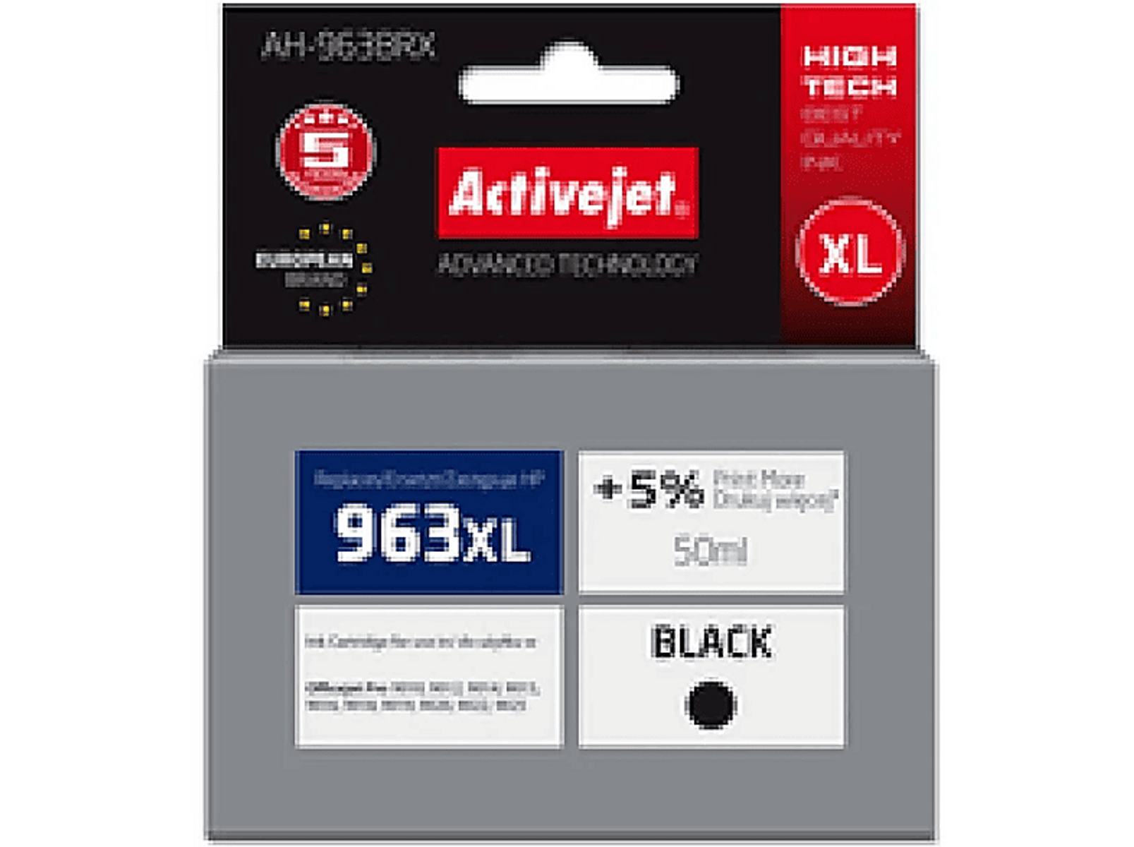 Czarny i szary wkład atramentowy do drukarki z tekstem: Activejet, 963XL, Czarny, +5%, 50ml. Czarny wkład atramentowy.