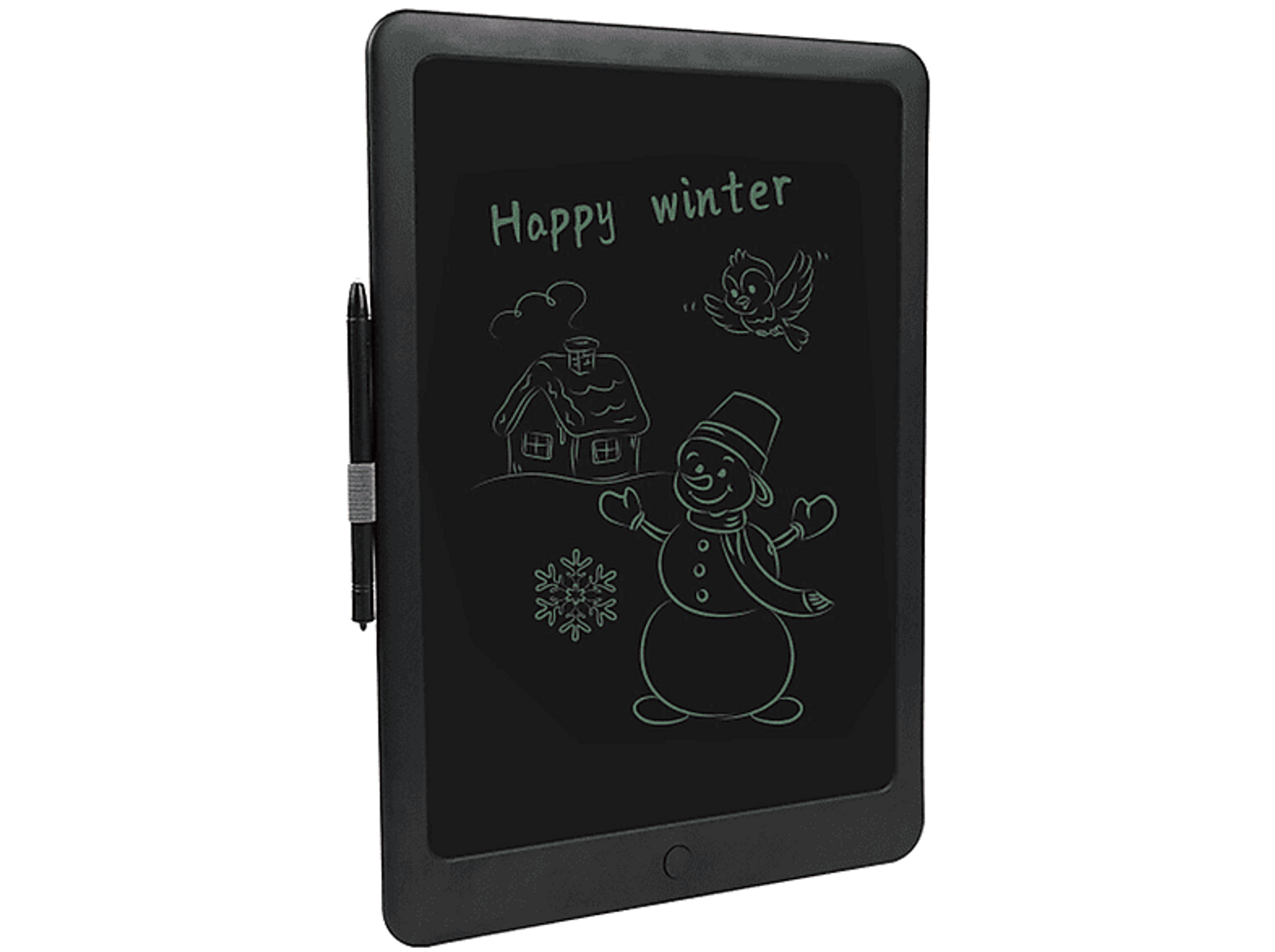 Czarny tablet do rysowania z rysunkiem bałwana i pisakiem. Widnieje napis "Happy winter".