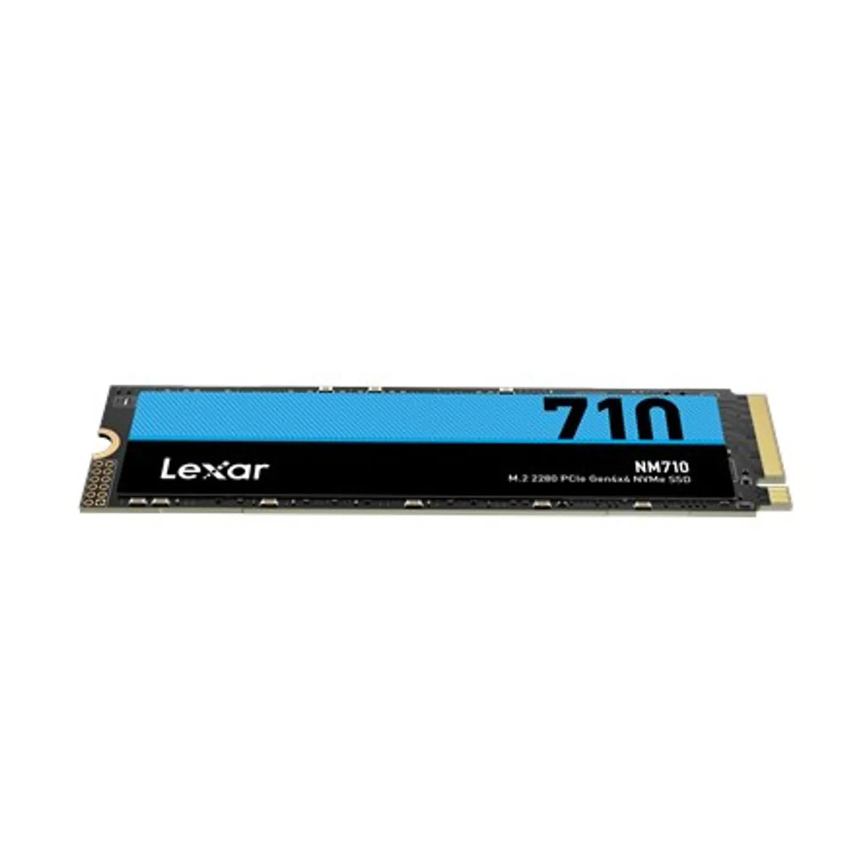 Dysk SSD Lexar NM710. Ma niebieską etykietę i tekst '710 NM710', czarny i złoty.