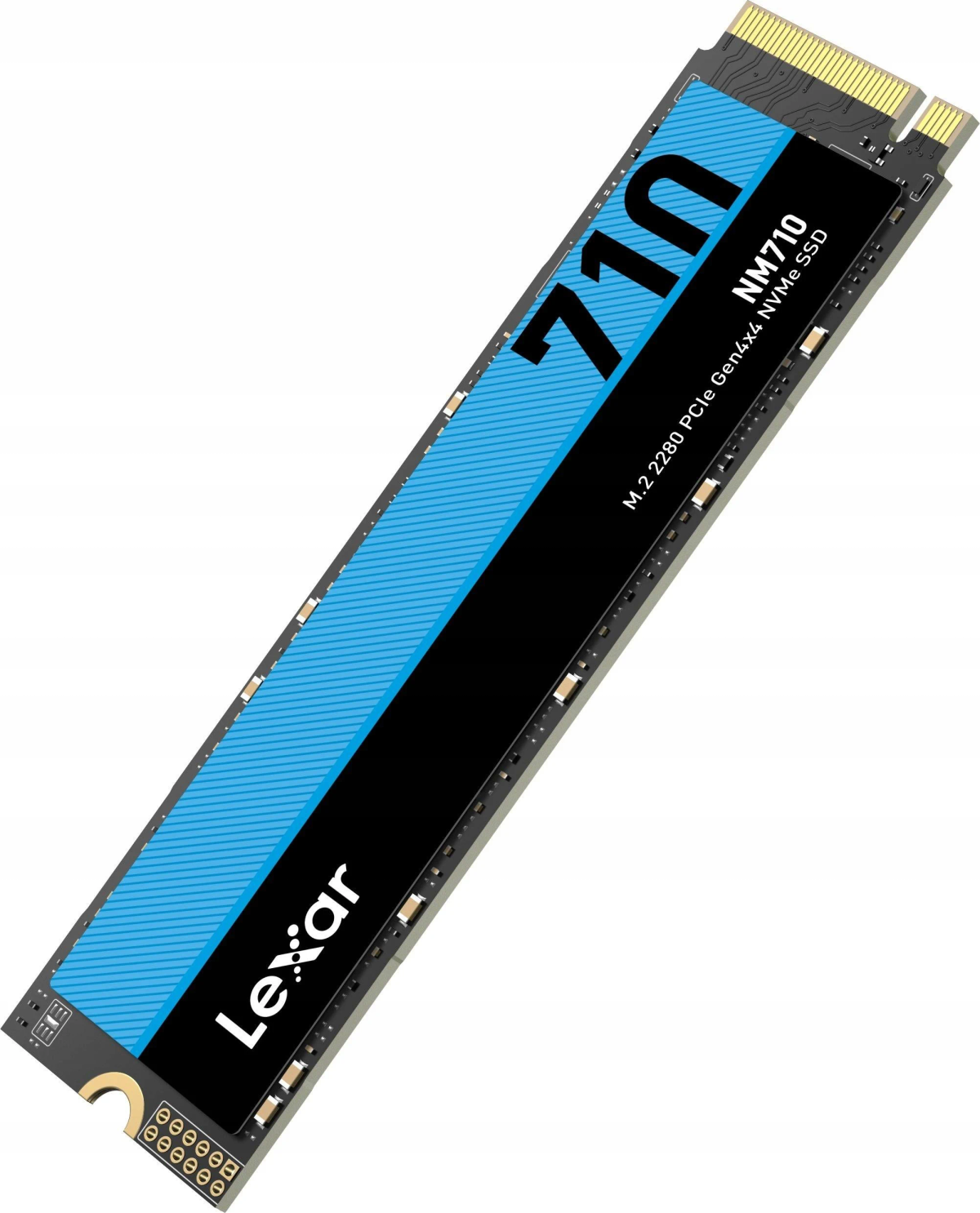 Lexar NM710 NM SSD. Czarny i niebieski dysk SSD z etykietą z tekstem.