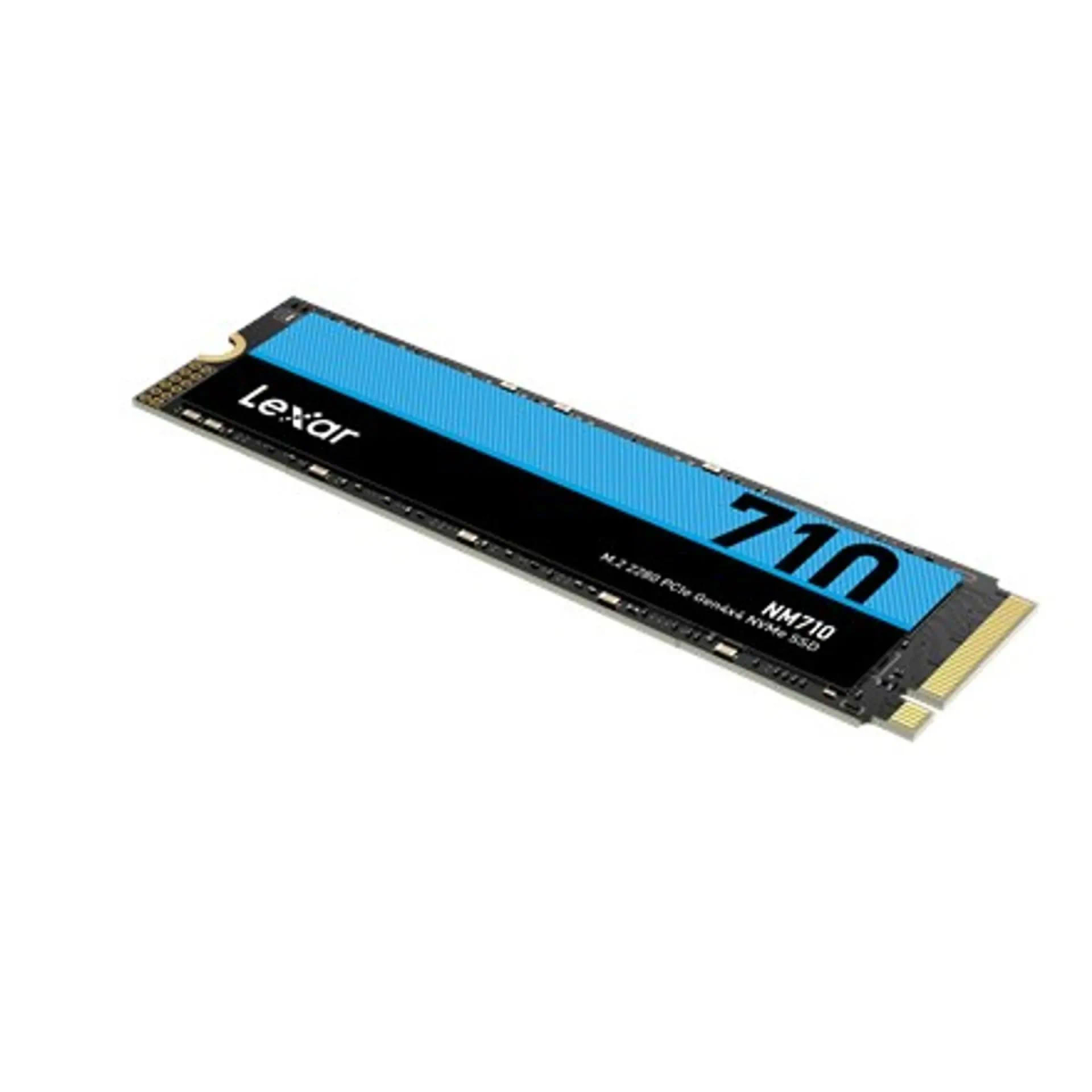 Dysk SSD NVMe Lexar 710. Ma niebieski pasek i logo Lexar. Dysk SSD leży na białej powierzchni.