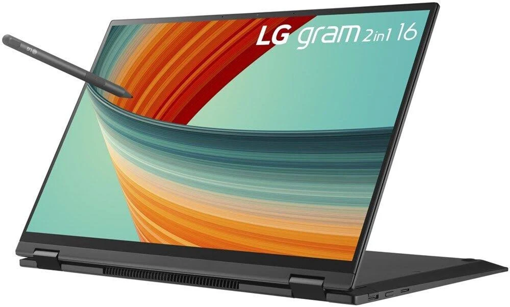 Un laptop nero con una penna, lo schermo mostra il logo 'LG gram 2 in 1 16', aperto.