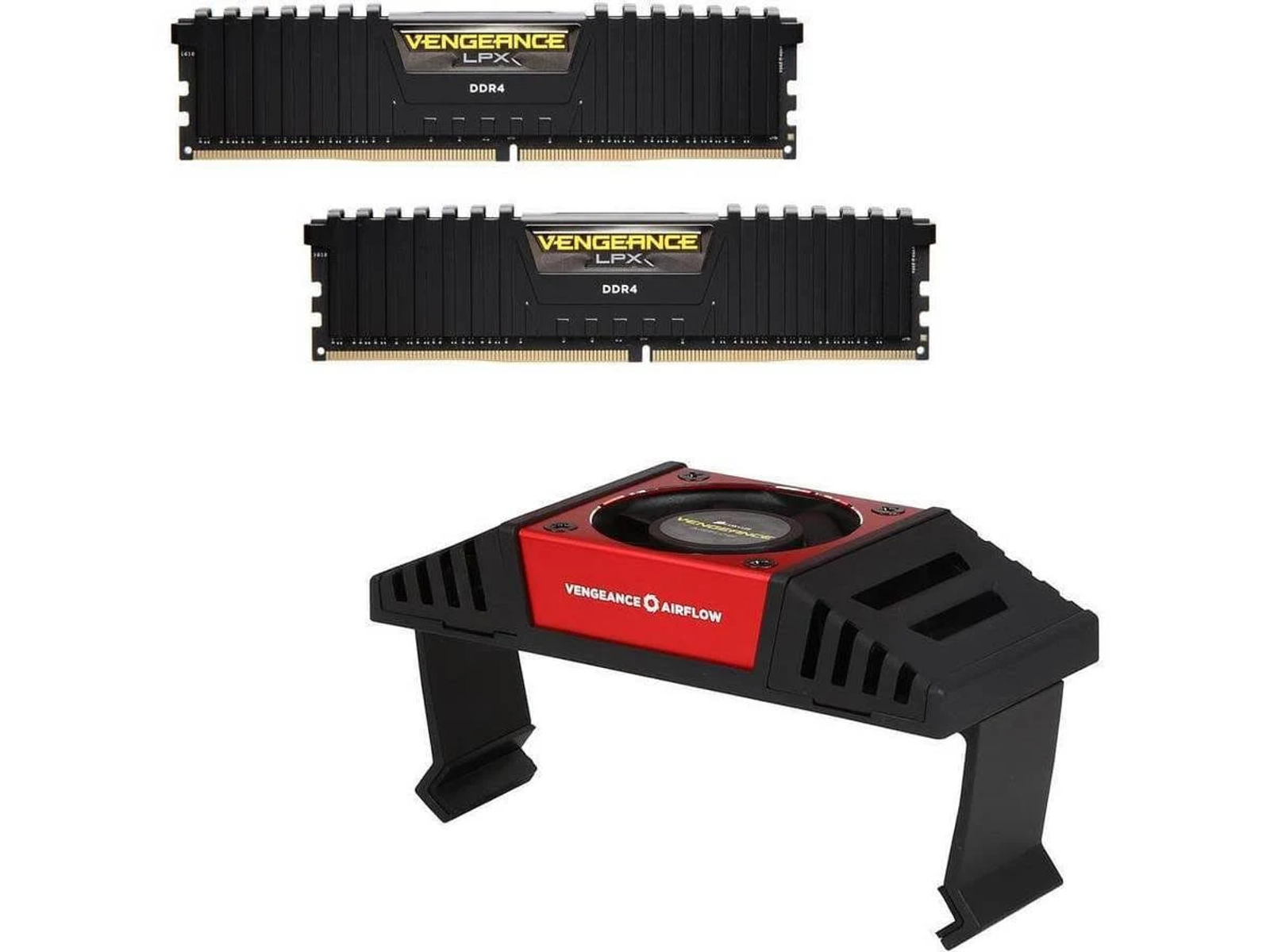 Dwa czarne moduły RAM i czerwono-czarny cooler CPU.