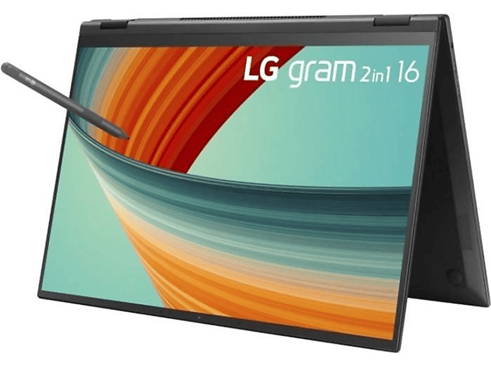 Laptop LG nero in modalità tablet con pennino. Schermo mostra un design astratto colorato.
