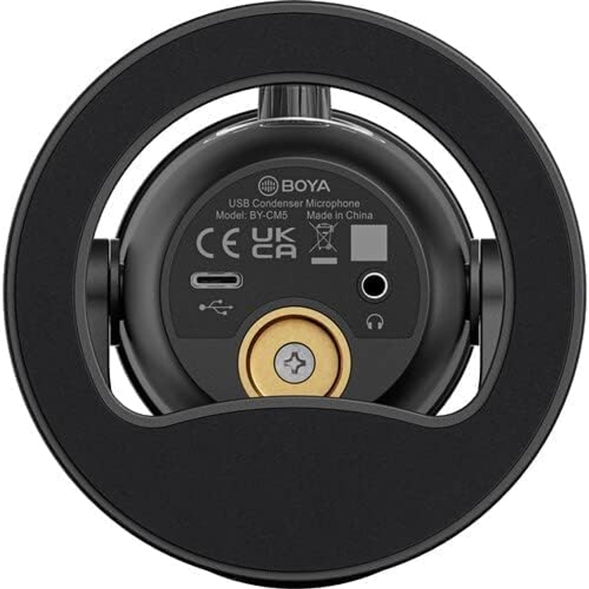 Un micrófono negro, con puertos y un diseño circular en la base.
