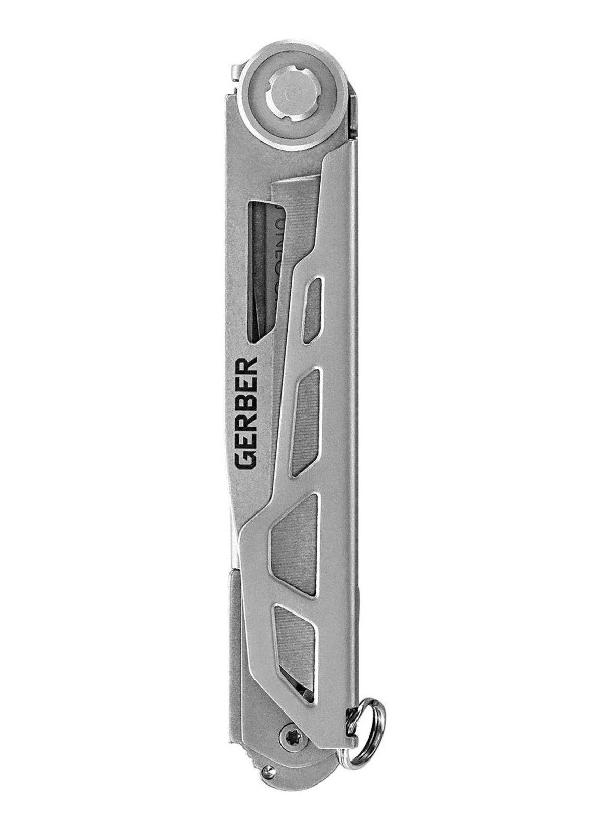 Gerber Multi-Tool, silberfarben. Zeigt Klinge und andere Werkzeuge. Weißer Hintergrund.