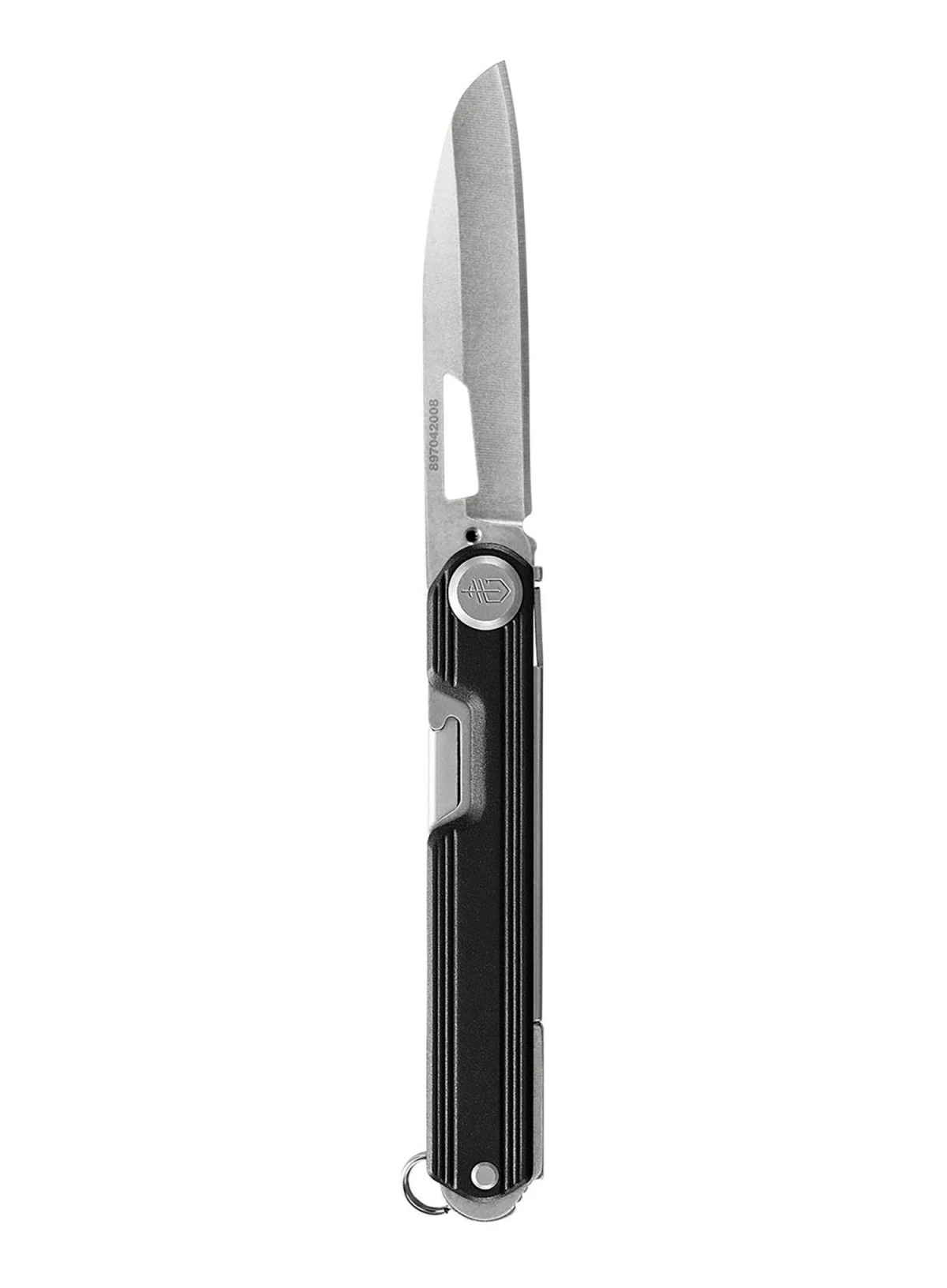 Geschlossenes schwarzes und silbernes Klappmesser. Klinge ist offen. Griff hat Rillen und eine Schlaufe.