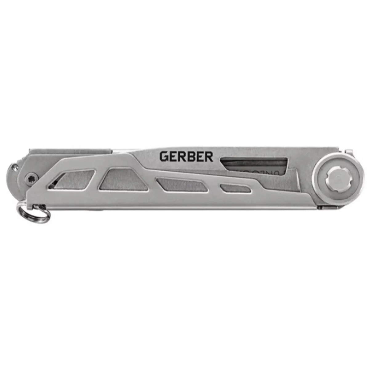 Silbernes Multitool mit "GERBER" Aufdruck, offen auf weißer Oberfläche.