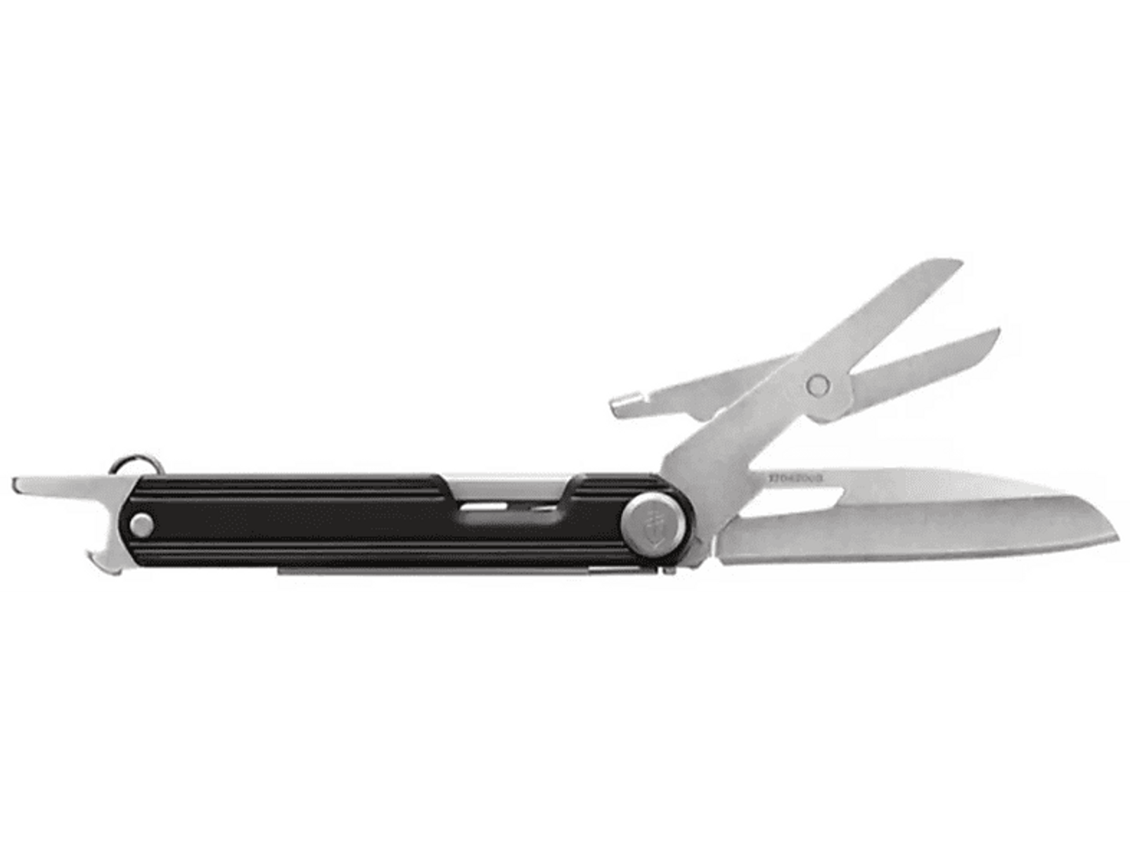 Multitool mit Schere, Messer und anderen Werkzeugen. Schwarzes und silbernes Design.