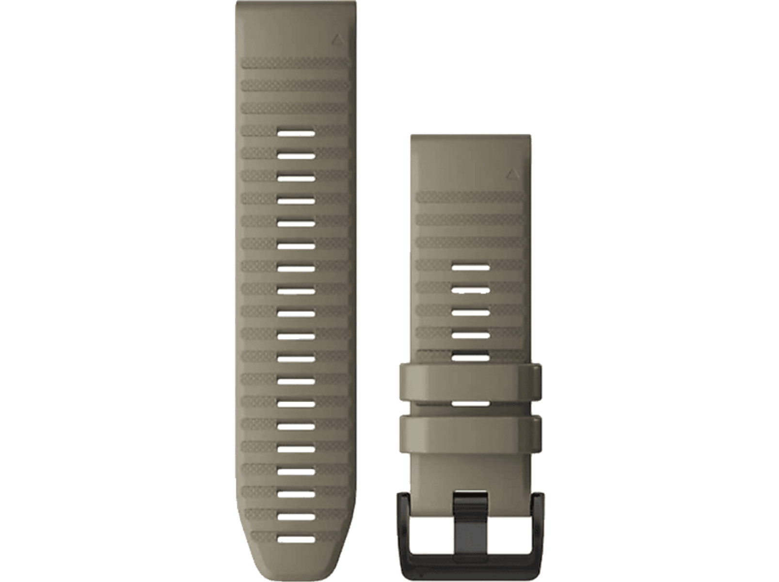 Zwei khaki Uhrenarmbänder mit horizontalen Linien und einer schwarzen Schnalle.