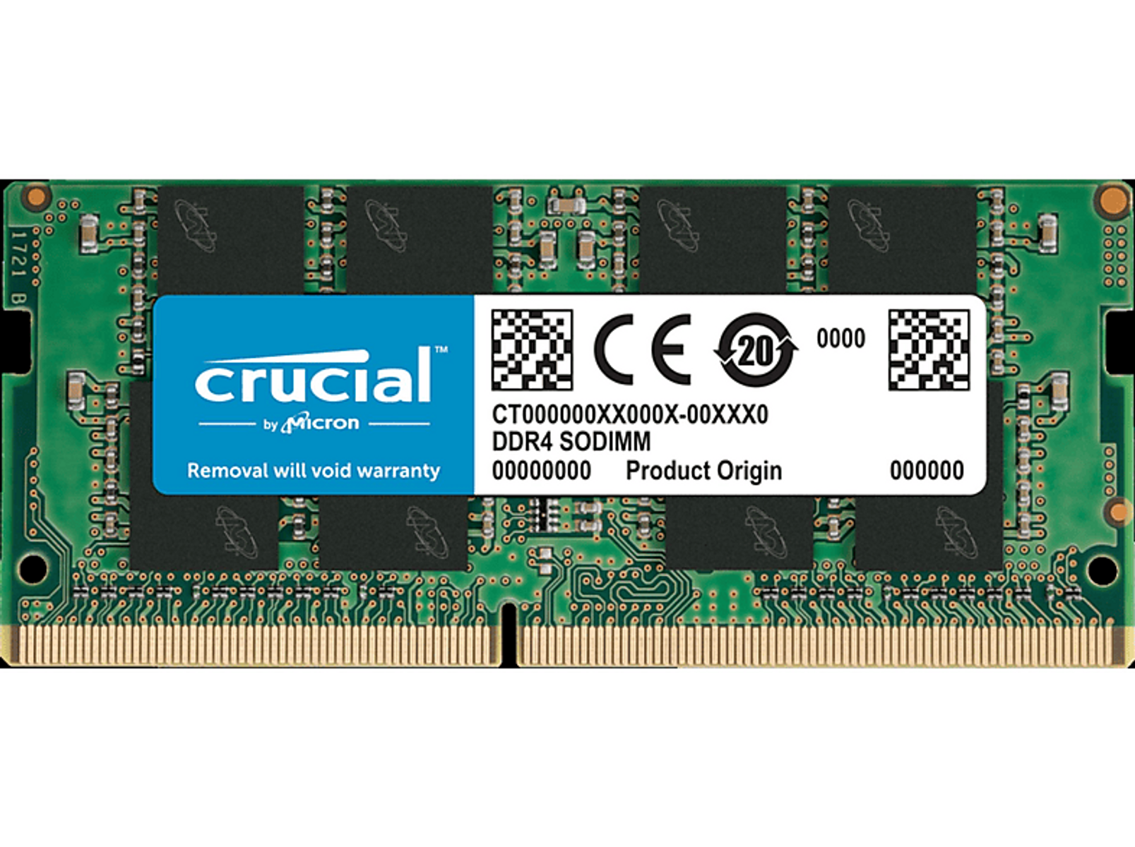 Moduł RAM Crucial DDR4 SODIMM z marką i specyfikacjami, na białym tle.