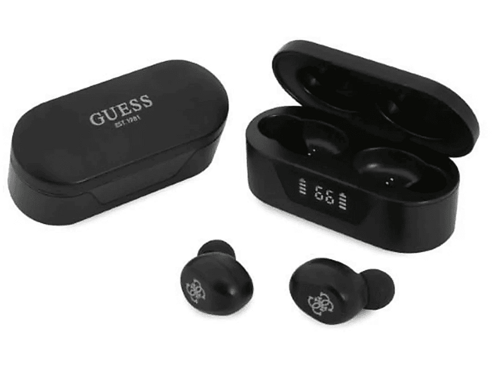 Schwarze Guess-Ohrhörer und Ladeetui. Das Etui ist geschlossen und offen, die Ohrhörer sind sichtbar.