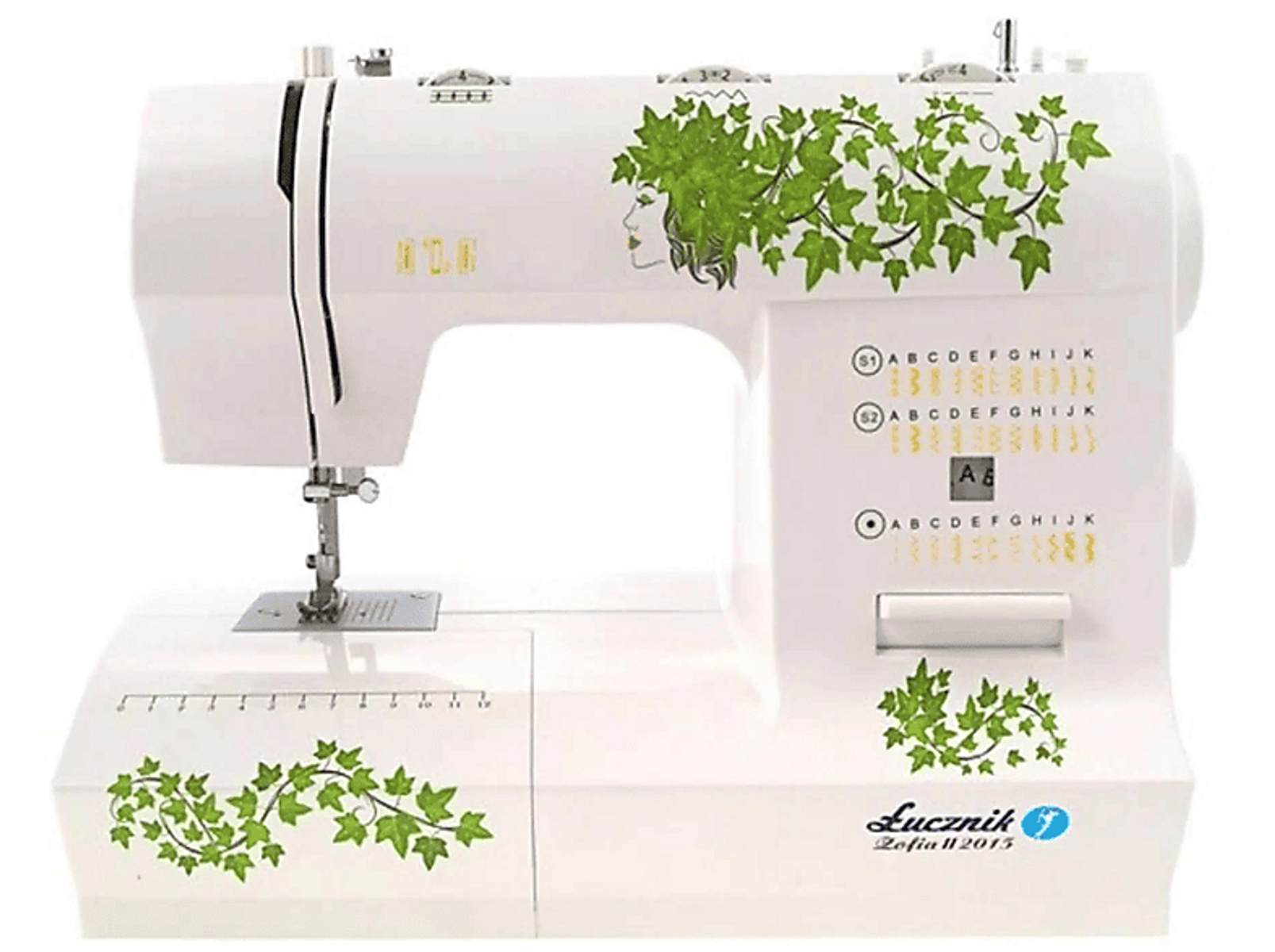 Weiße Nähmaschine mit grünem Efeu-Design und einer Frau Silhouette.