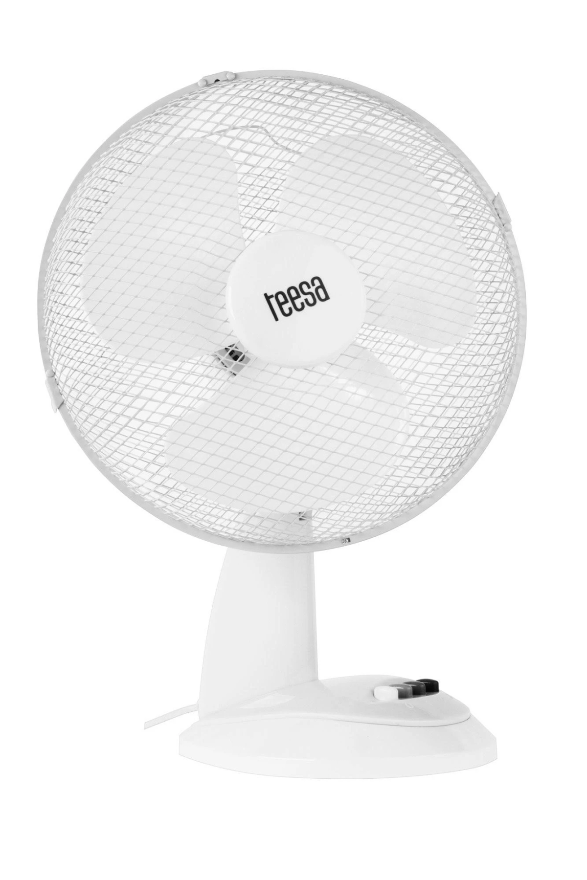 Ein weißer Schreibtischventilator mit rundem Gitter und Sockel. Der Markenname steht in der Mitte.