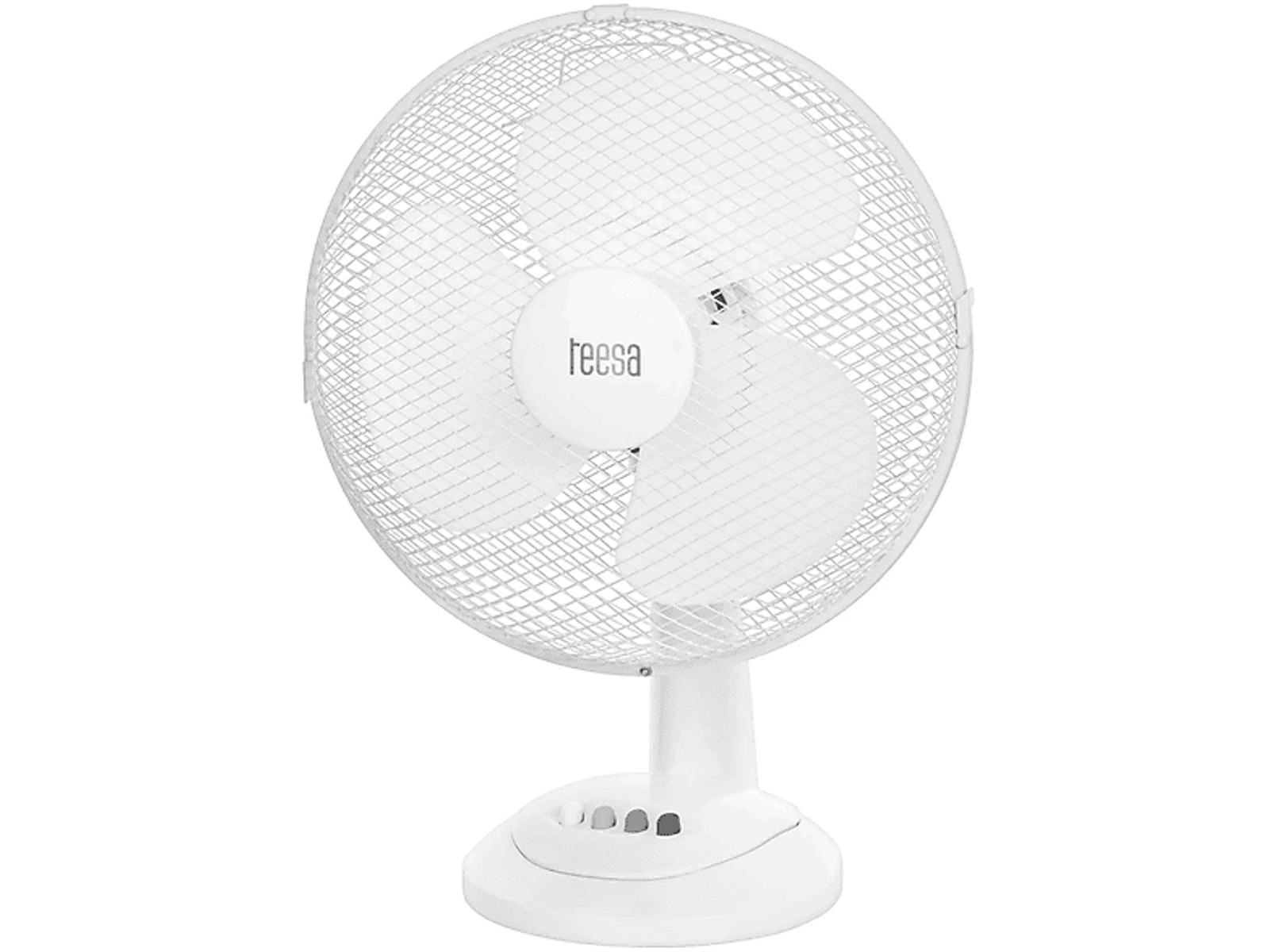 Weißer Schreibtischventilator mit Schutzgitter. Er hat drei Flügel und einen weißen Sockel.