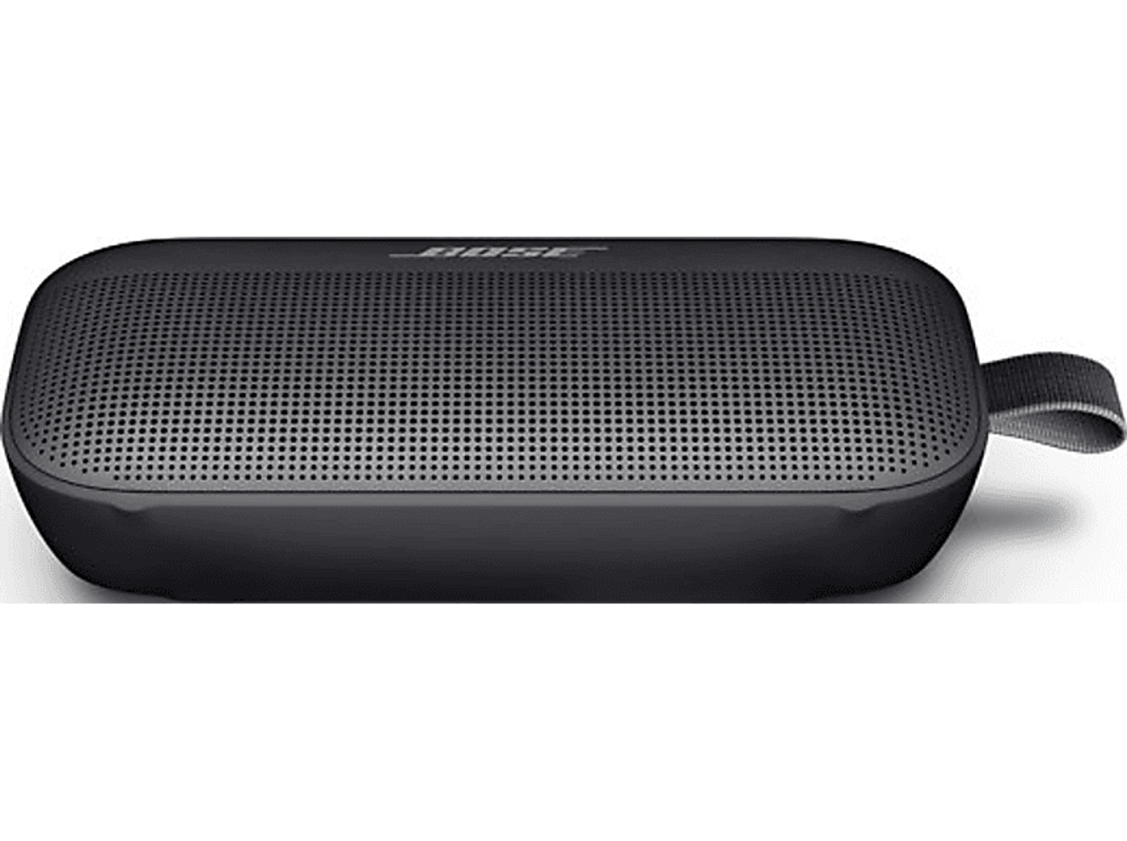 Altavoz rectangular negro con rejilla de malla y un pequeño lazo de tela. Logotipo de Bose visible.