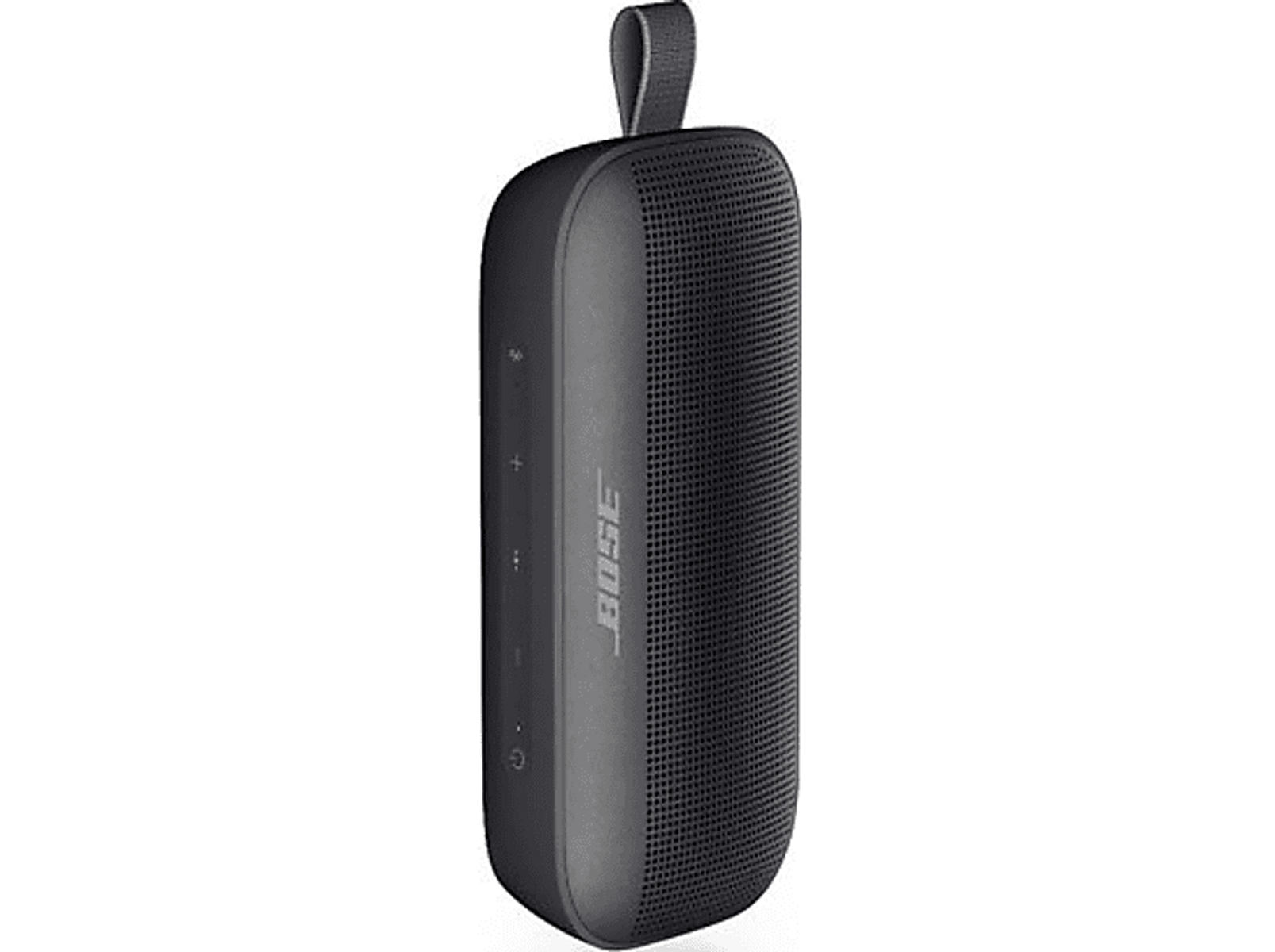 Altavoz Bose negro con un bucle, sobre una superficie negra.