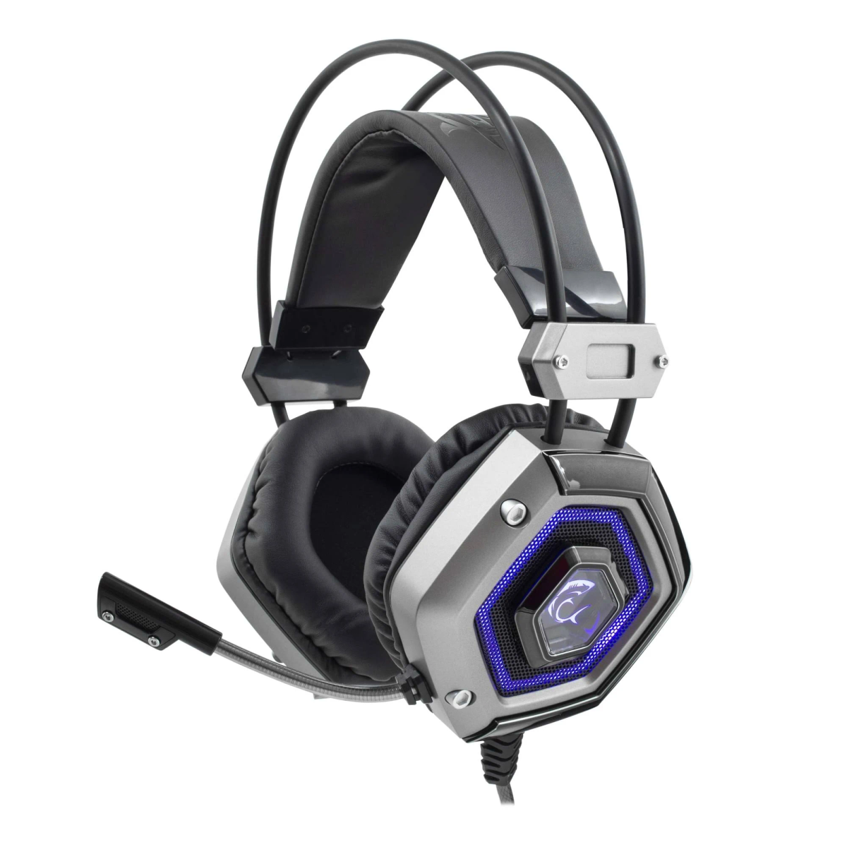 Cuffie da gioco argentate con imbottitura nera, microfono e illuminazione blu. Sfondo bianco.
