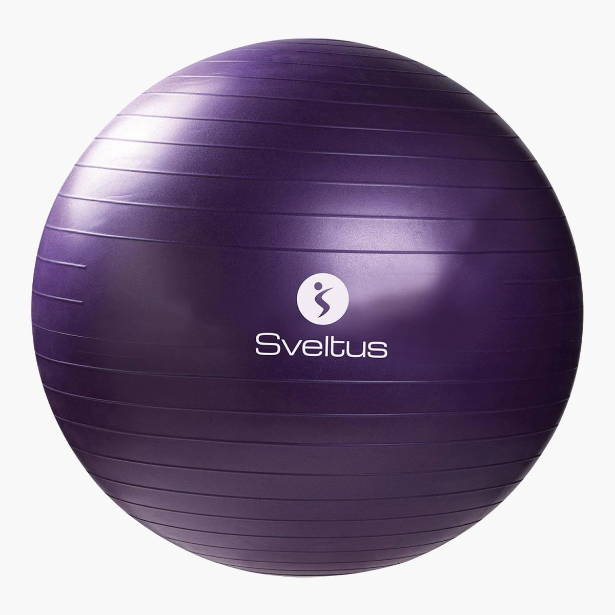 Palla da ginnastica viola con logo bianco e linee orizzontali. Su sfondo bianco.