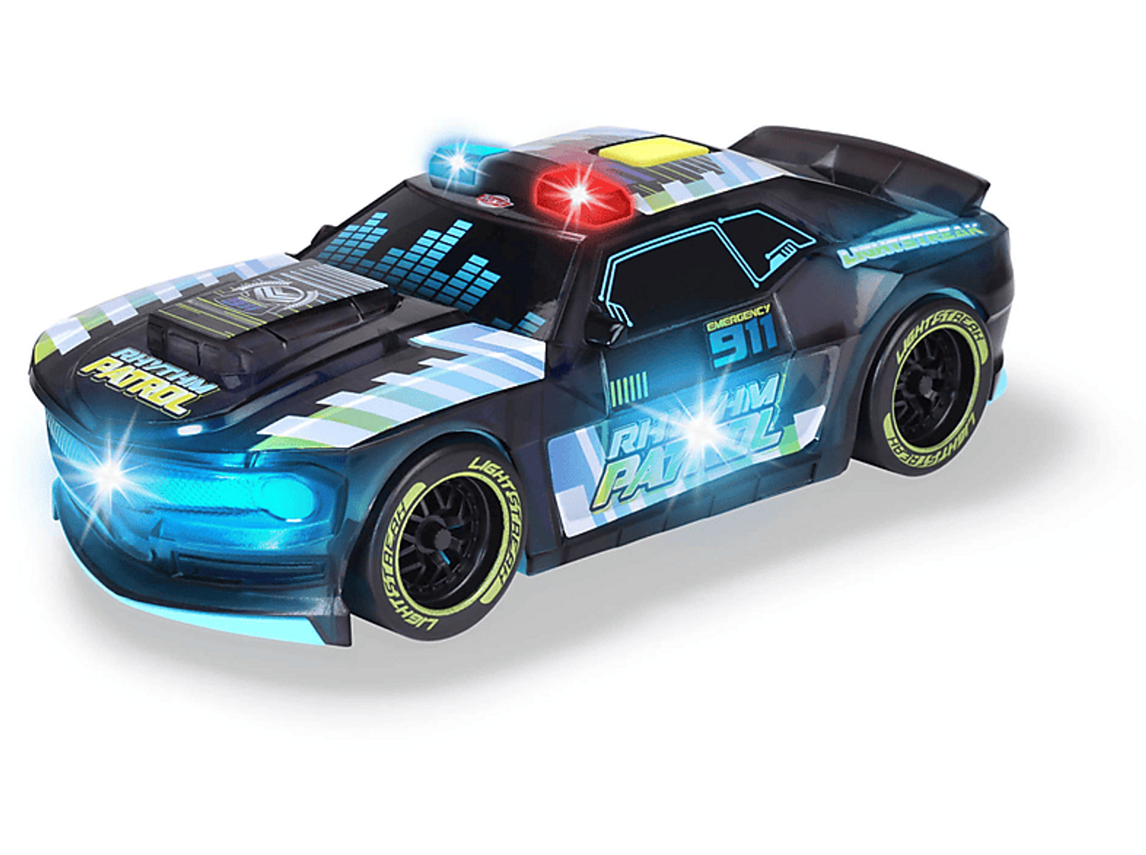 Zabawkowe auto policyjne z migającymi światłami. Zawiera tekst Rhythm Patrol i 911 Emergency.