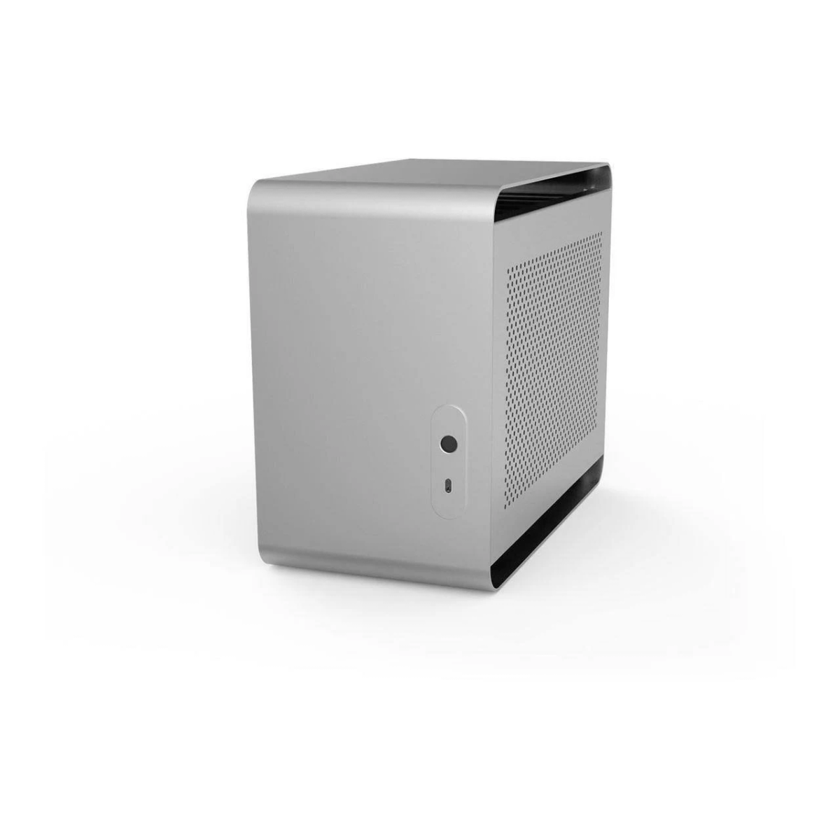 Srebrna obudowa komputera, minimalistyczny design, z małym przyciskiem zasilania.