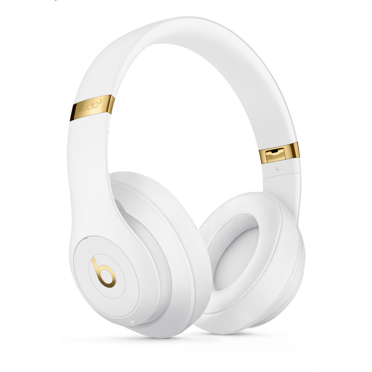 Auriculares Beats Studio 3 blancos, detalles dorados, sobre un fondo blanco.