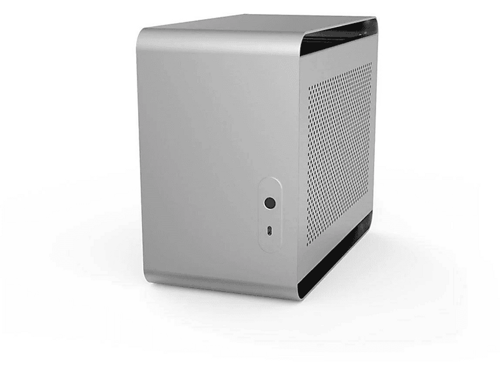 Srebrna obudowa komputera z czarnym przodem i bocznym otworem wentylacyjnym.