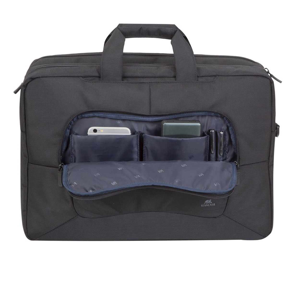Schwarze Aktentasche mit mehreren Taschen. Darin befinden sich Telefon, Stifte und Tablet.