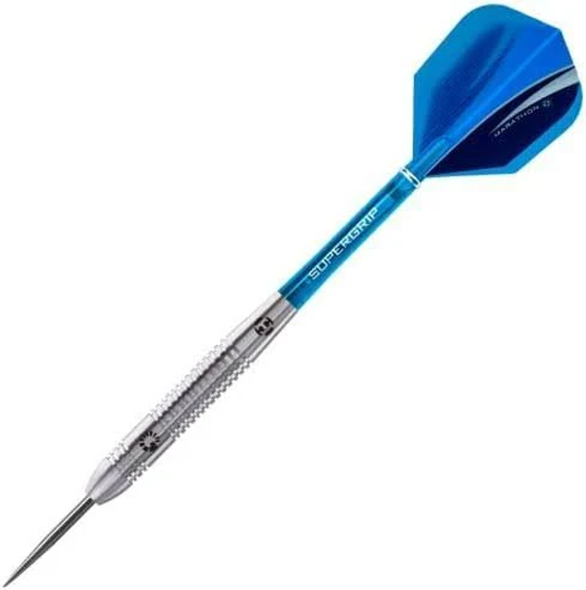 Blauer und silberner Dart mit blauem Flug.