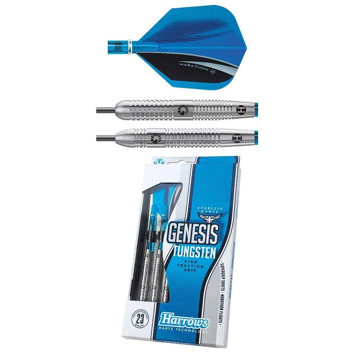 Dartpfeil-Set mit drei Pfeilen, einem blauen Flight und einer Box. Die Pfeile sind silberfarben.